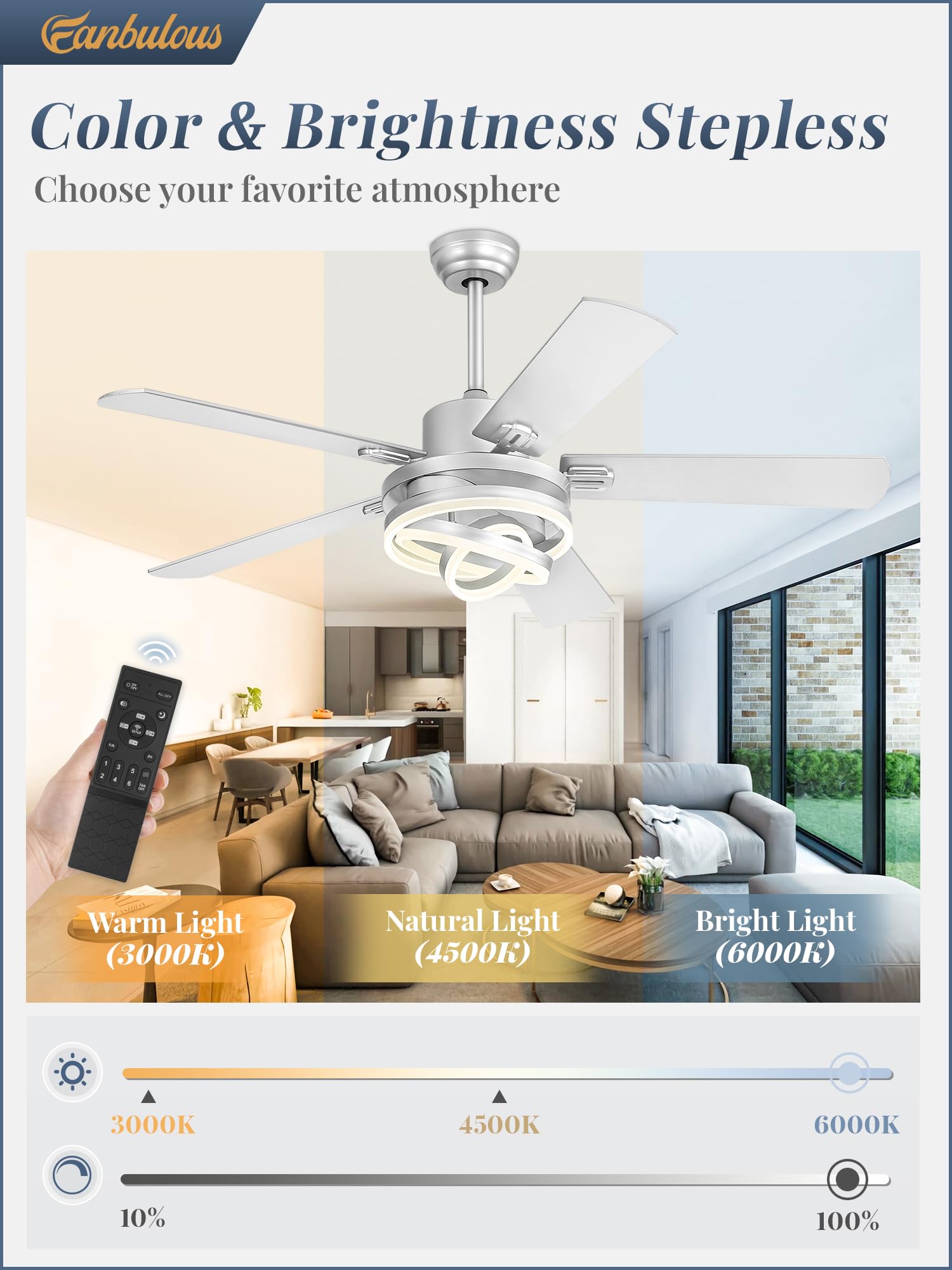 52'' Modern Ceiling Fans With Lights,Silver Chandelier Fan With 6 Speed Dimmable Led And Quiet Reversible Dc Motor,Rustic Fandel