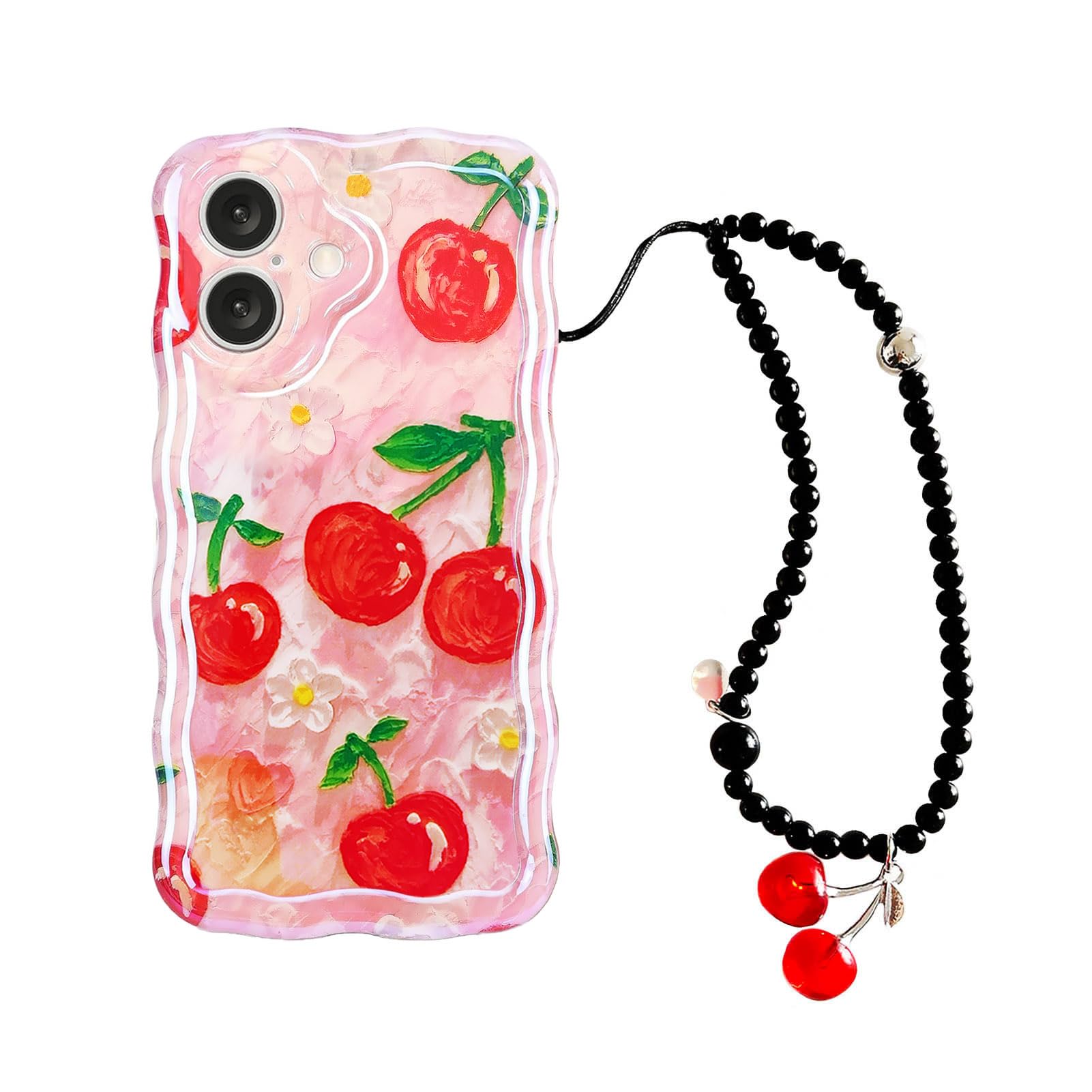 Tewwsdi Red Cherry Phone Case with Charm for iPhone 17 6.3in,Retro Stylish Glossy Oil Painting Flower Laser Glossy,Aesthetic Fru