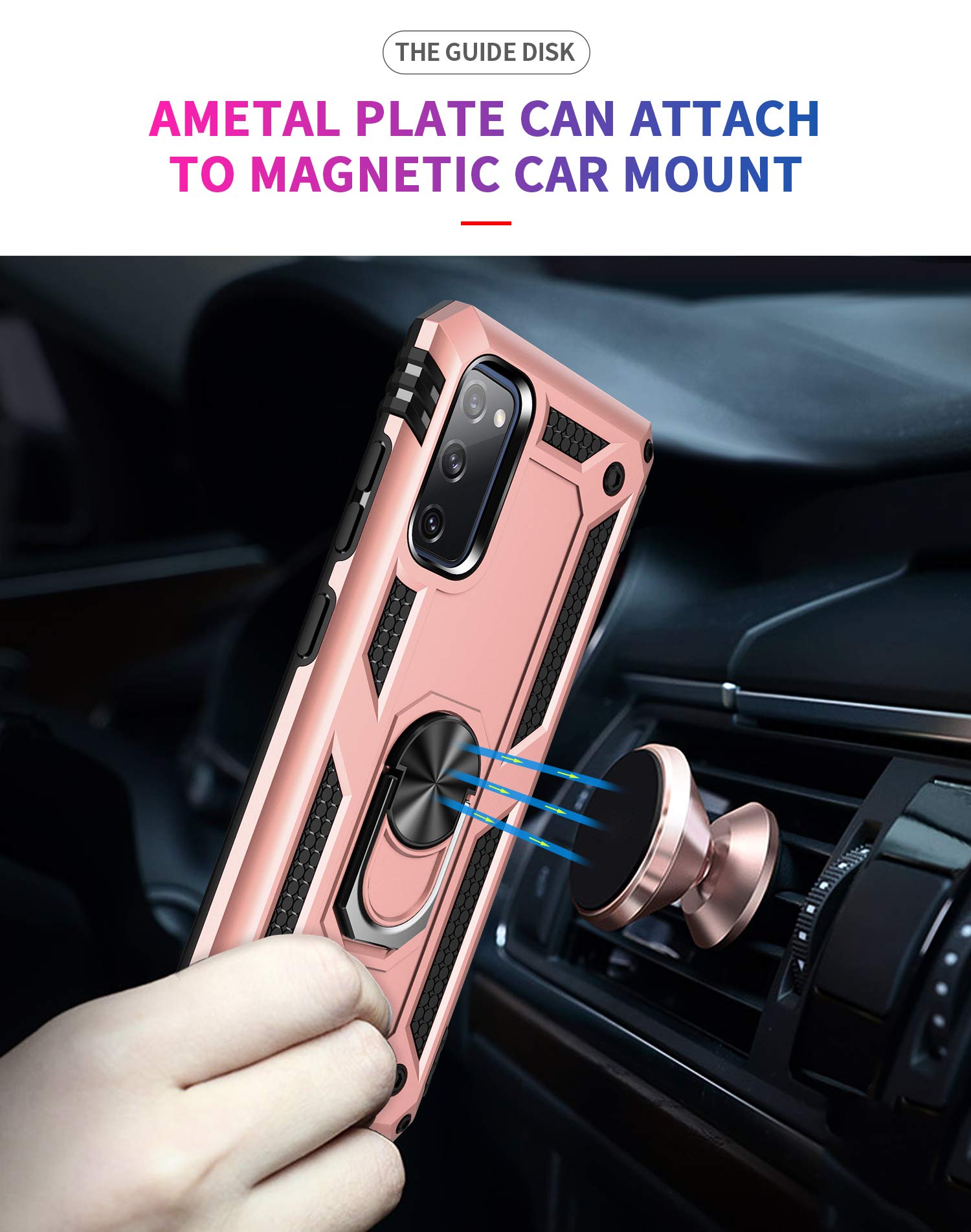 Addit Samsung S20 Fe Case, Military Grade, Heavy Duty, With Kickstand Ring & Magnet Car Mount - Rose Gold