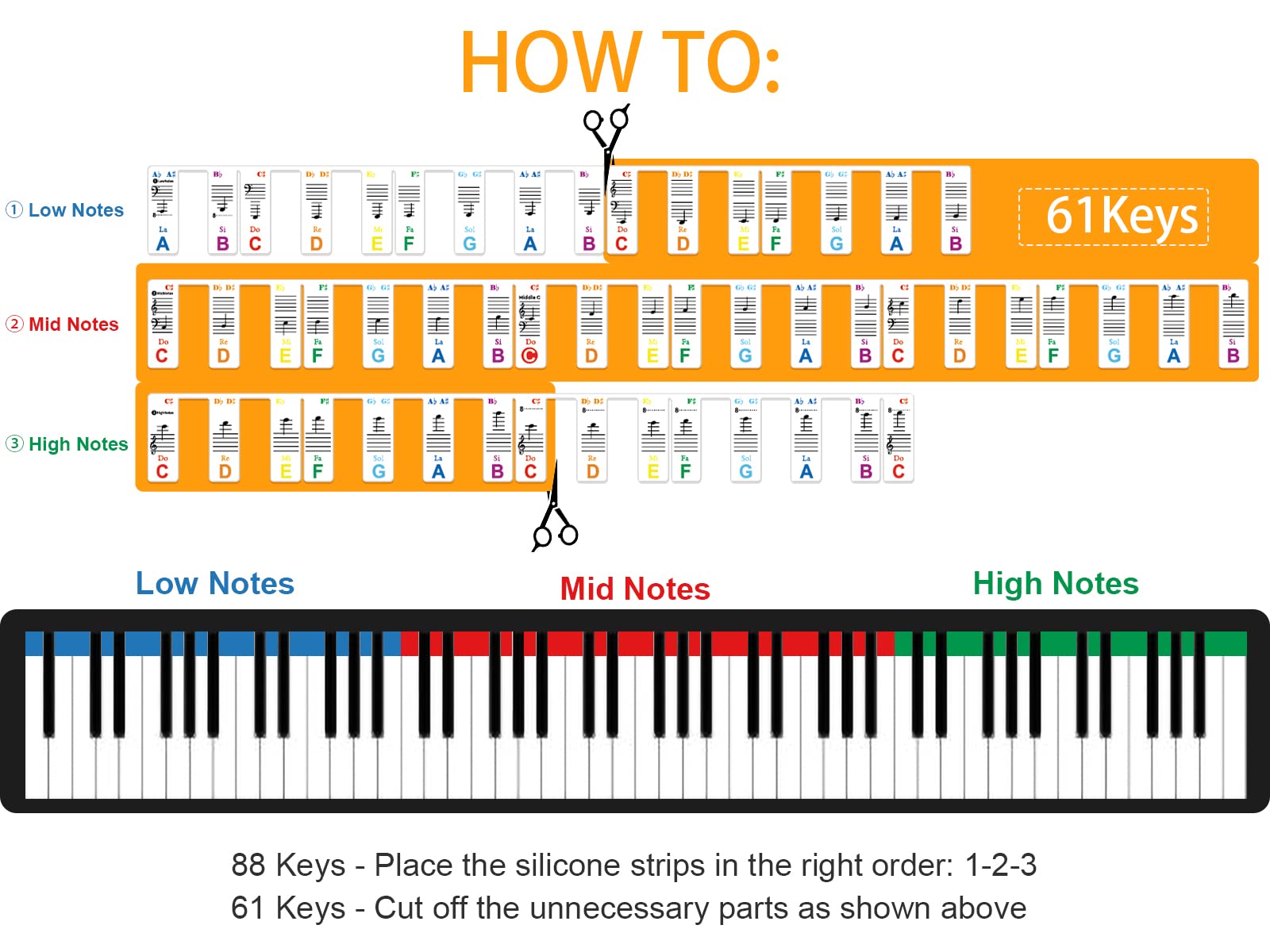 JYCSTE Colorful Piano Keyboard Note Labels & Chord Chart Poster, Reusable Silicone Stickers for 88 Key Piano, Beginner Friendly