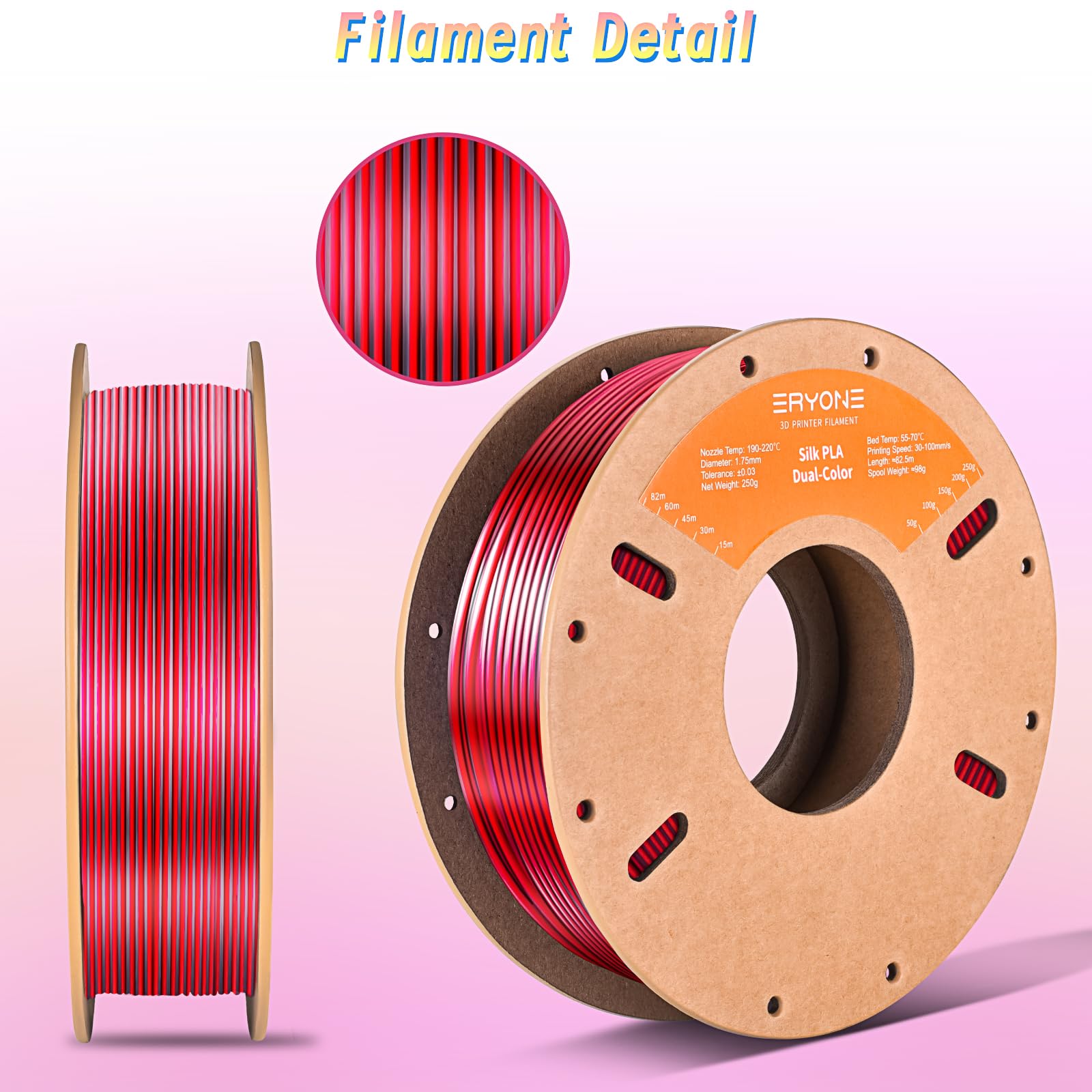 Eryone Silk Dual Color Pla Filament 3D Printer 1.75Mm +/- 0.03Mm, Bicolor Filament Two Tone Pla 250G(0.55Lbs) Cardboard Spool, B