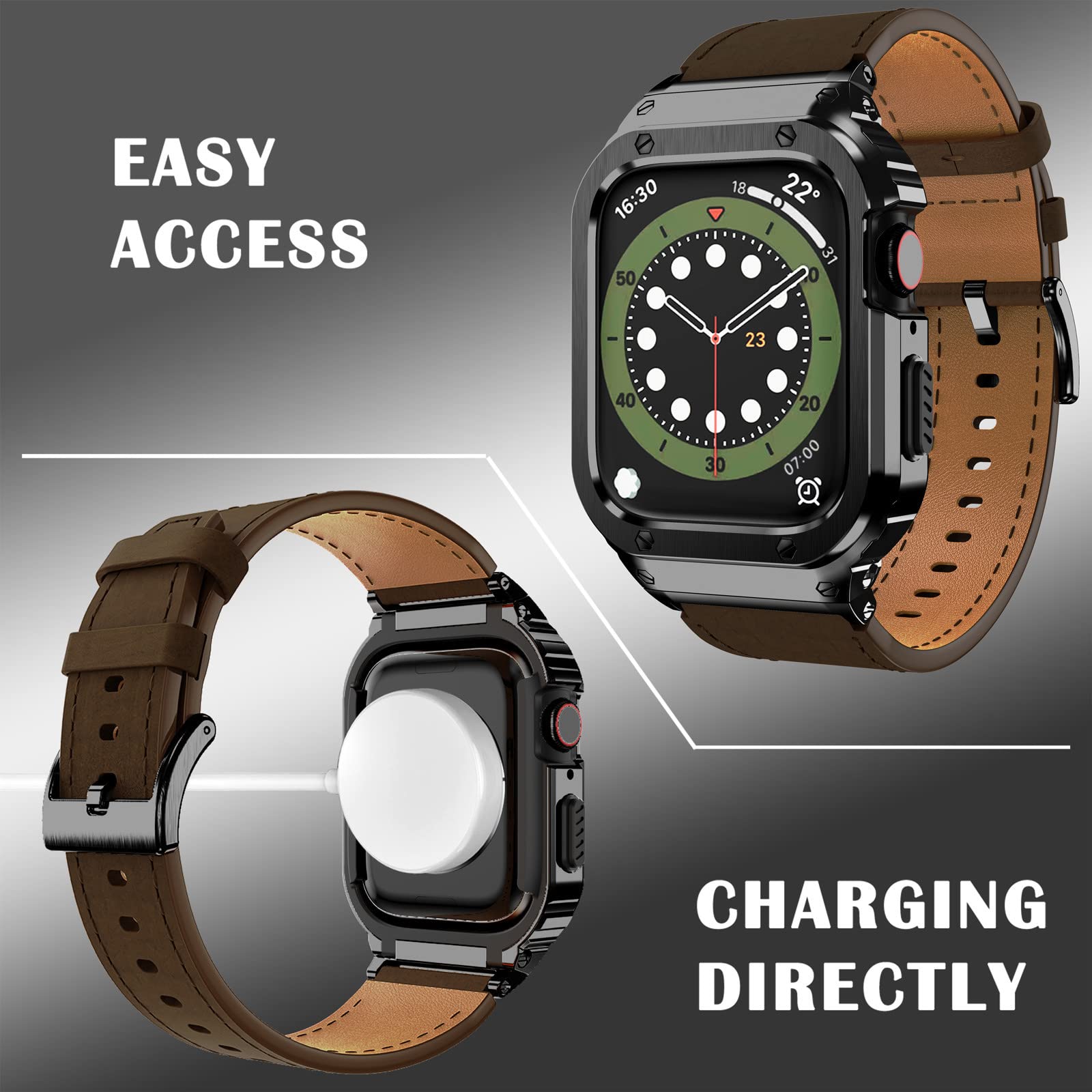 Suplink Stainless Steel Case And Bands Compatible With Apple Watch Band 45Mm For Men,Leather Strap And Rugged Apple Watch Case F
