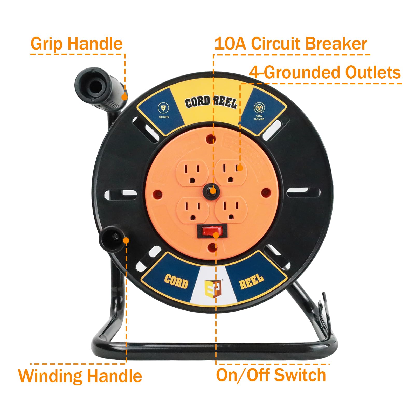 Ep Extension Cord Storage Reel With 4 Grounded Outlets, Heavy Duty Open Cord Reel For 12/3 14/3 16/3 Power Cords, Portable Empty
