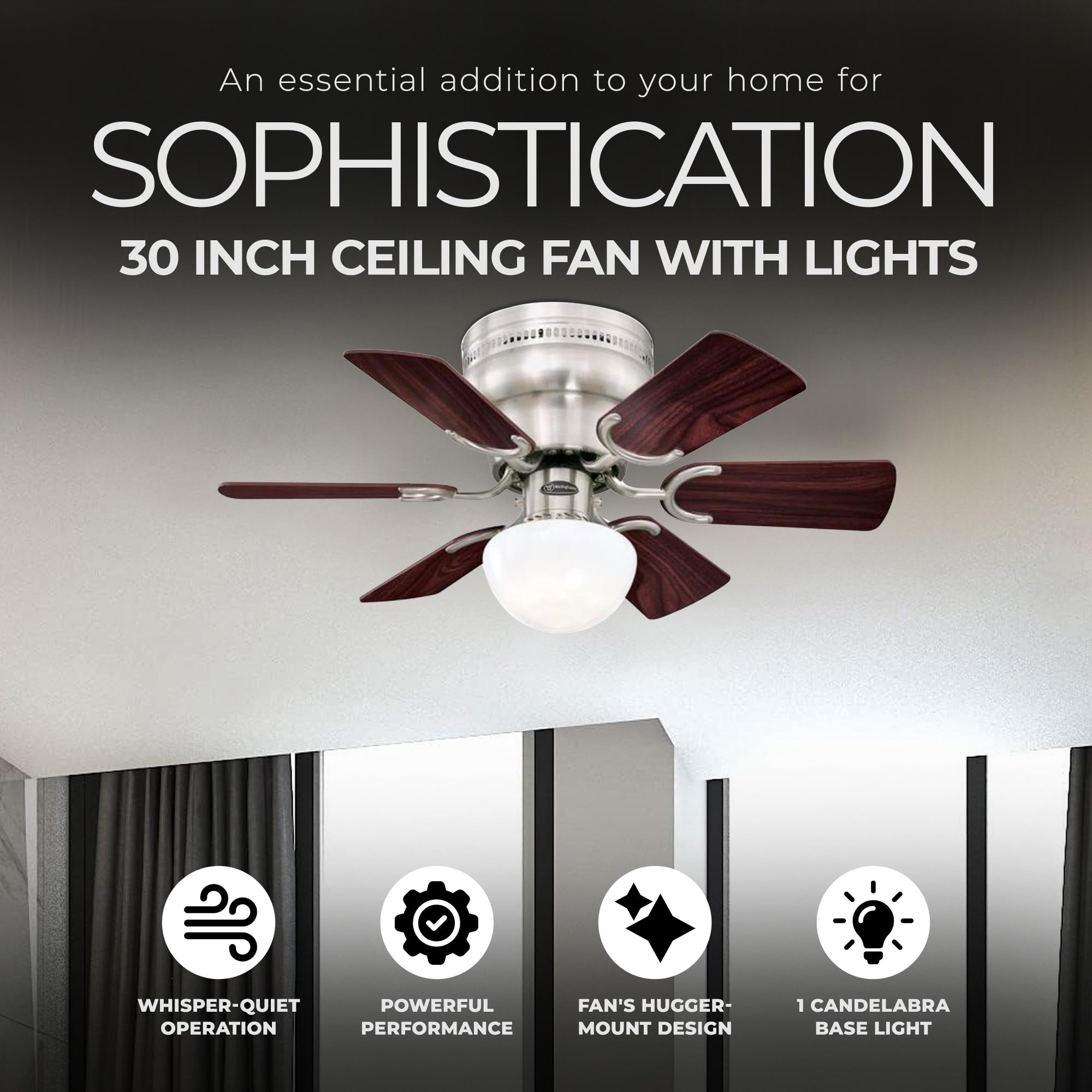 Westinghouse Hadley 30 Inch Brushed Nickel Finish Ceiling Fan With 6 Reversible Blades And Bowl Light Kit With 1 Candelabra Base