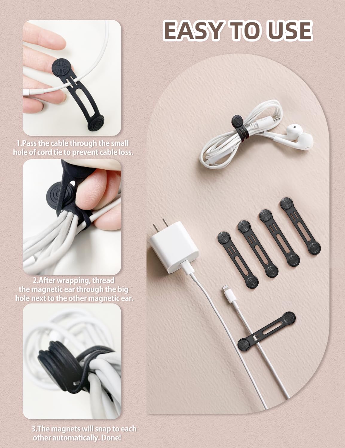 Kanemc Magnetic Silicone Cord Wraps Cable Ties Black 8-Pack