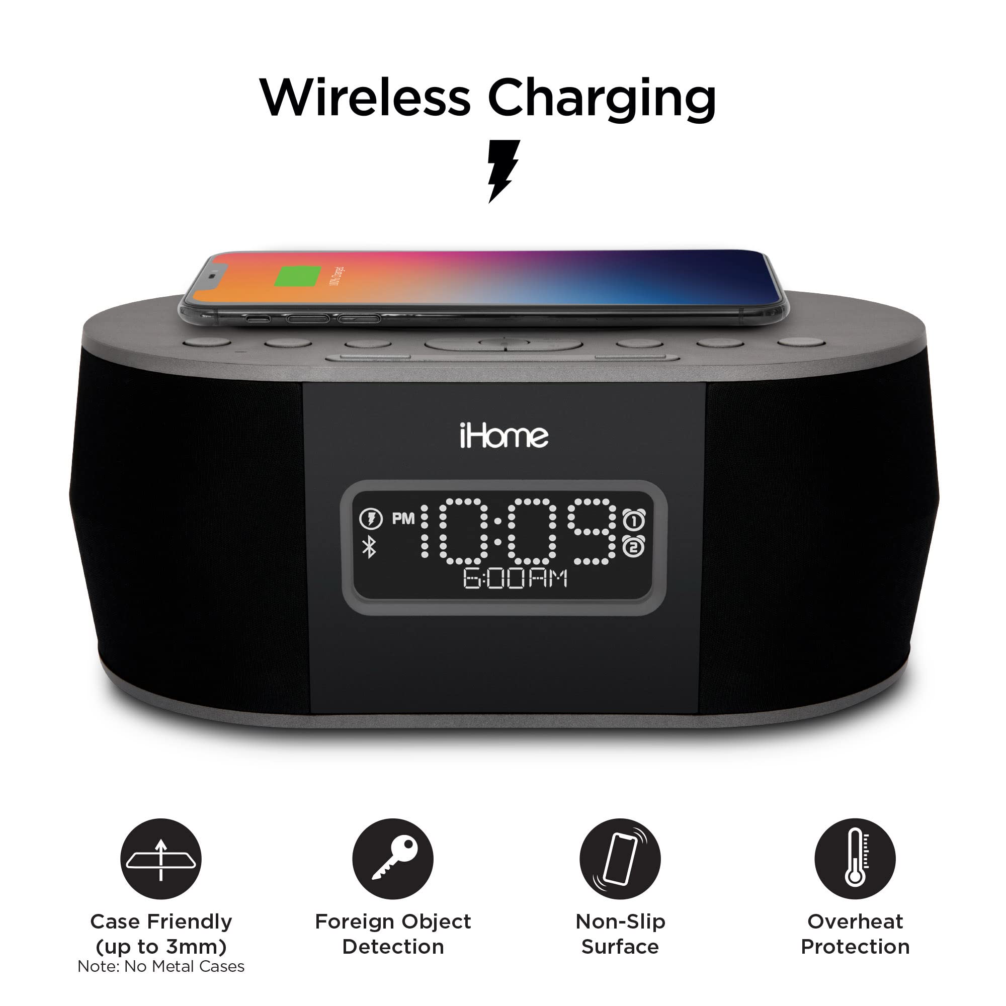 Ihome Ibtw38 Wireless Charging Bluetooth Alarm Clock,Black