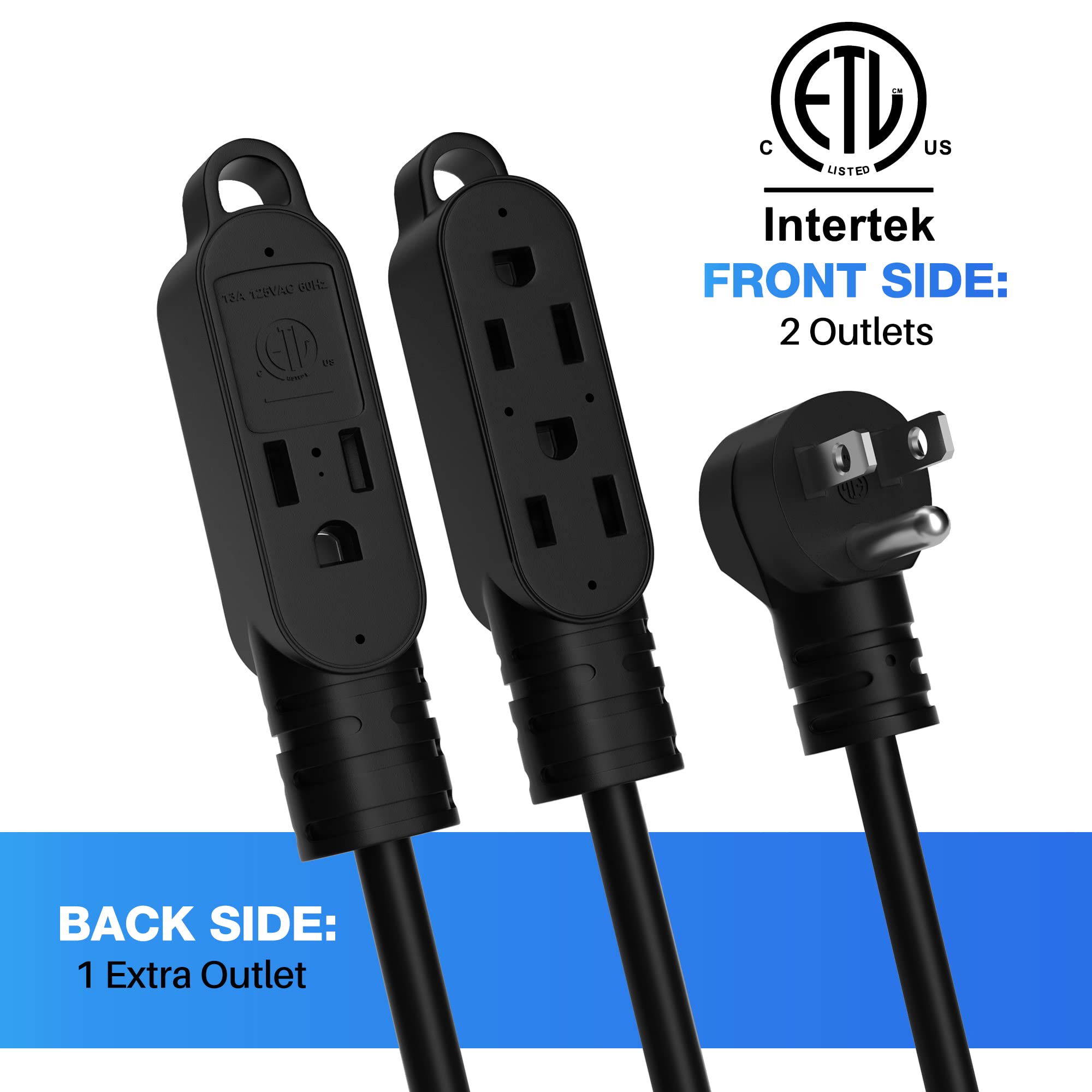 3 Prong Power Extension Cord With Multiple Outlets 10 Ft, 16/3 Gauge Multi 3 Outlet Wire, 90 Degree Angled Male Plug, 16 Awg Gro