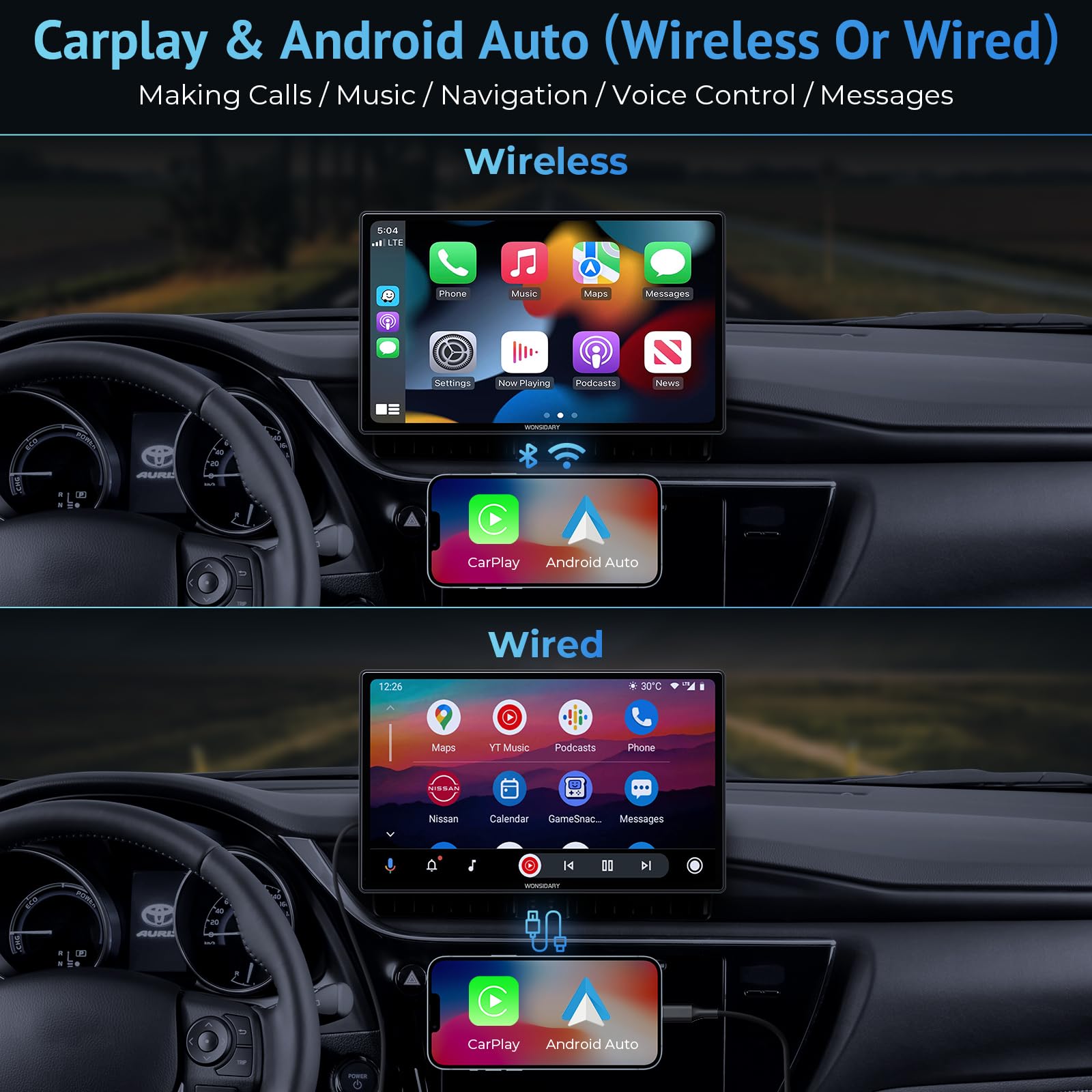 9'' Portable Wireless Carplay Screen For Car,Carplay Compatible With Apple Carplay & Android Auto With Phone Mirroring,Auto Brig