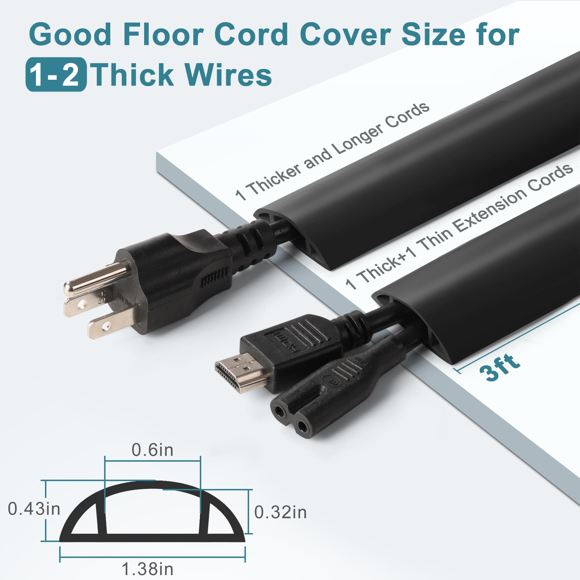 Floor Cable Cover 3Ft Black, Lzeoy Cord Covers For Wires On Floor, Cord Hider Floor Cable Management, Extension Cord Floor Cover