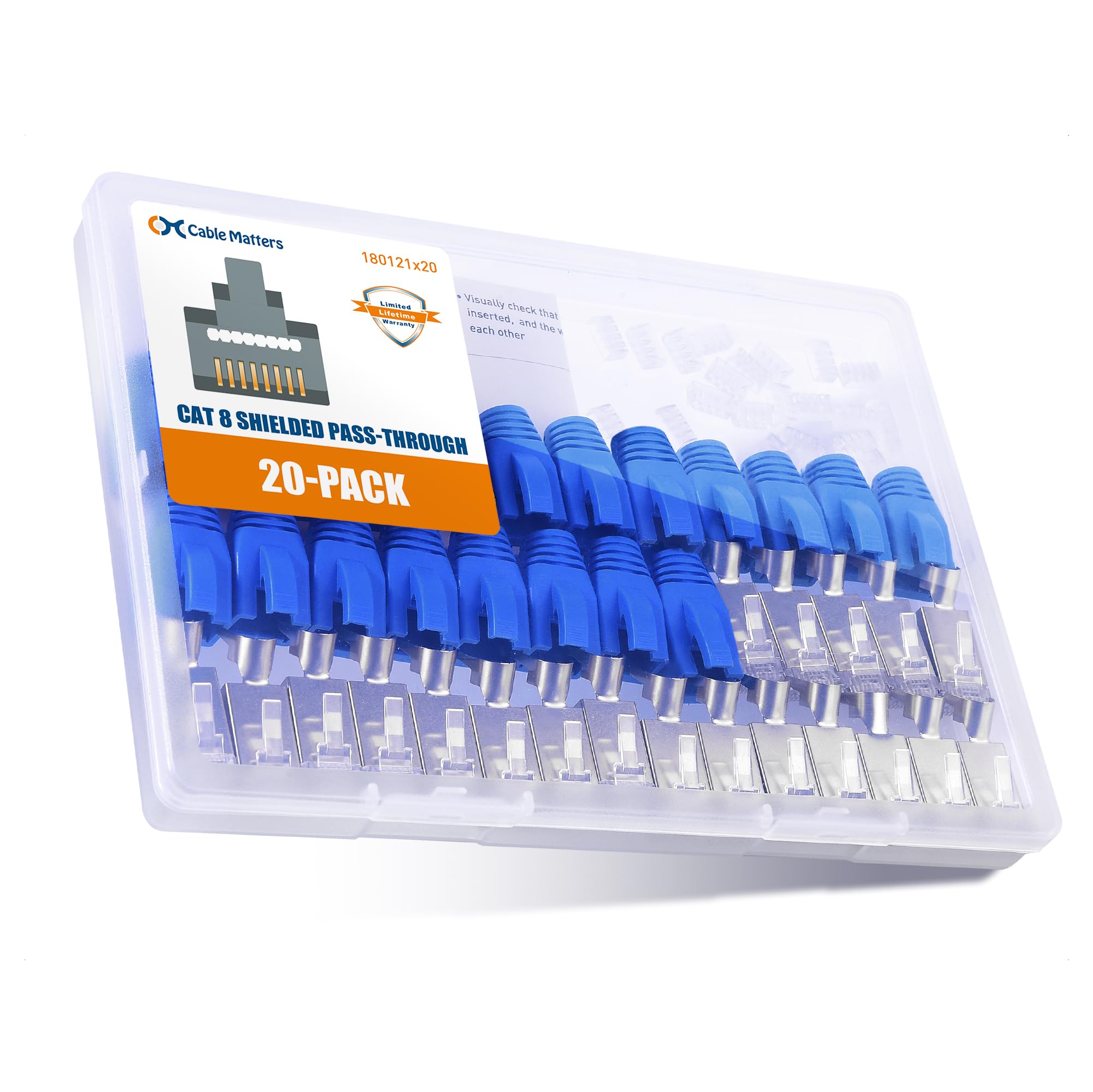 Cable Matters 20 Pack 23 24AWG Shielded Cat8 RJ45 Pass Through Connector with Load Bar & Strain Relief Boots, NOT Compatible with 22AWG Cable (Cat8 Pass Through RJ45 Plugs/Cat 8 Pass Thru Connectors)