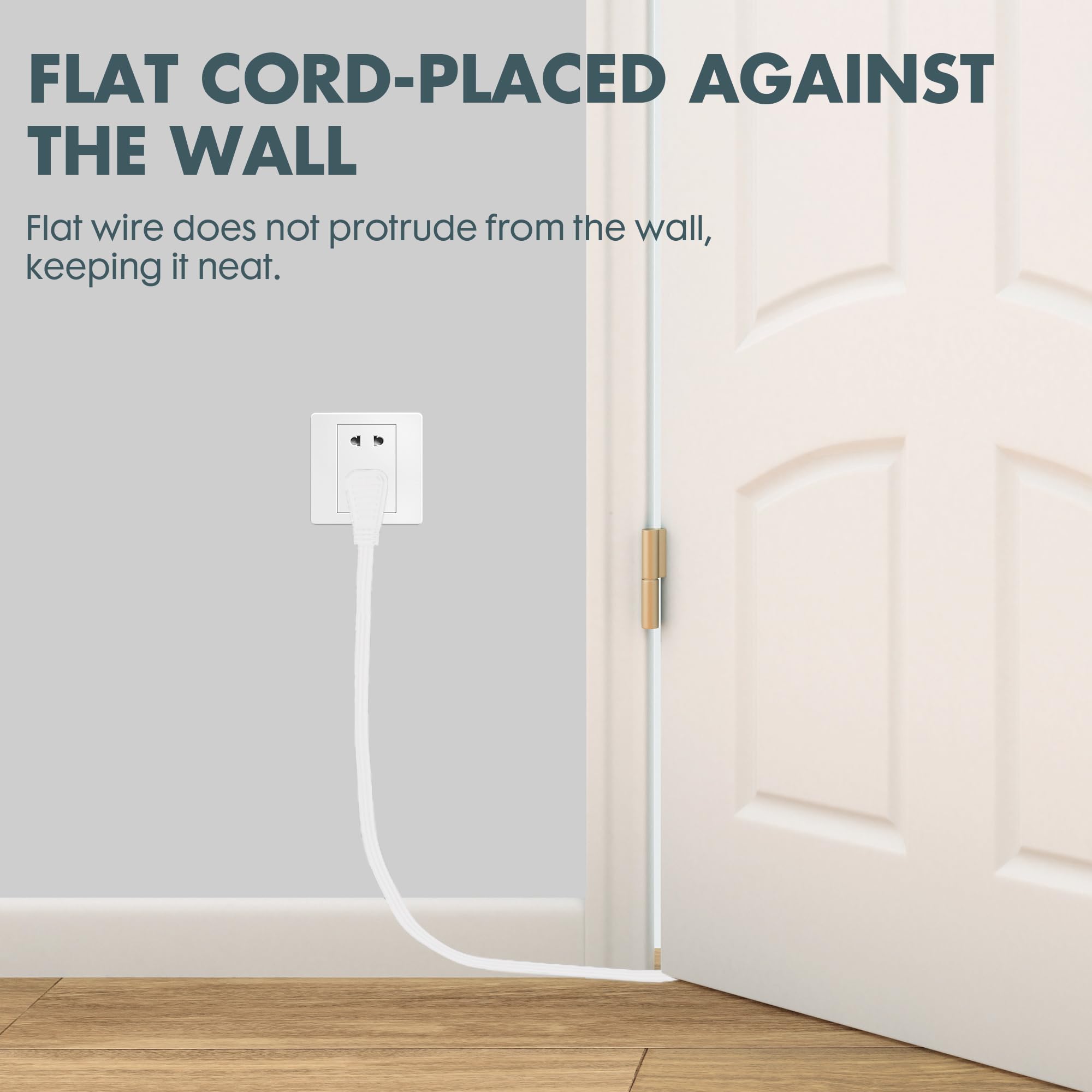 Palarine White Flat Plug Extension Cord 12 Ft, Indoor Extension Cord, 16/3 Spt 3 13A 3 Prong Power Cord For Kitchens, Behind Fur
