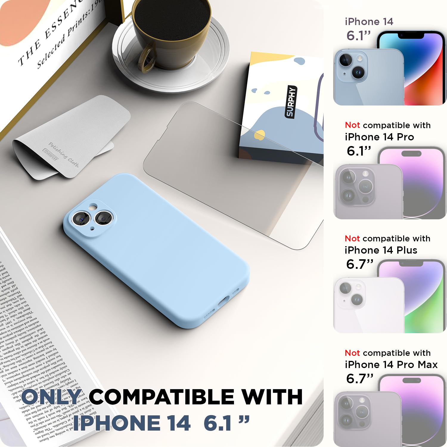 Surphy Compatible With Iphone 14 Case With Screen Protector (Camera Protection + Soft Microfiber Lining) Liquid Silicone Phone C