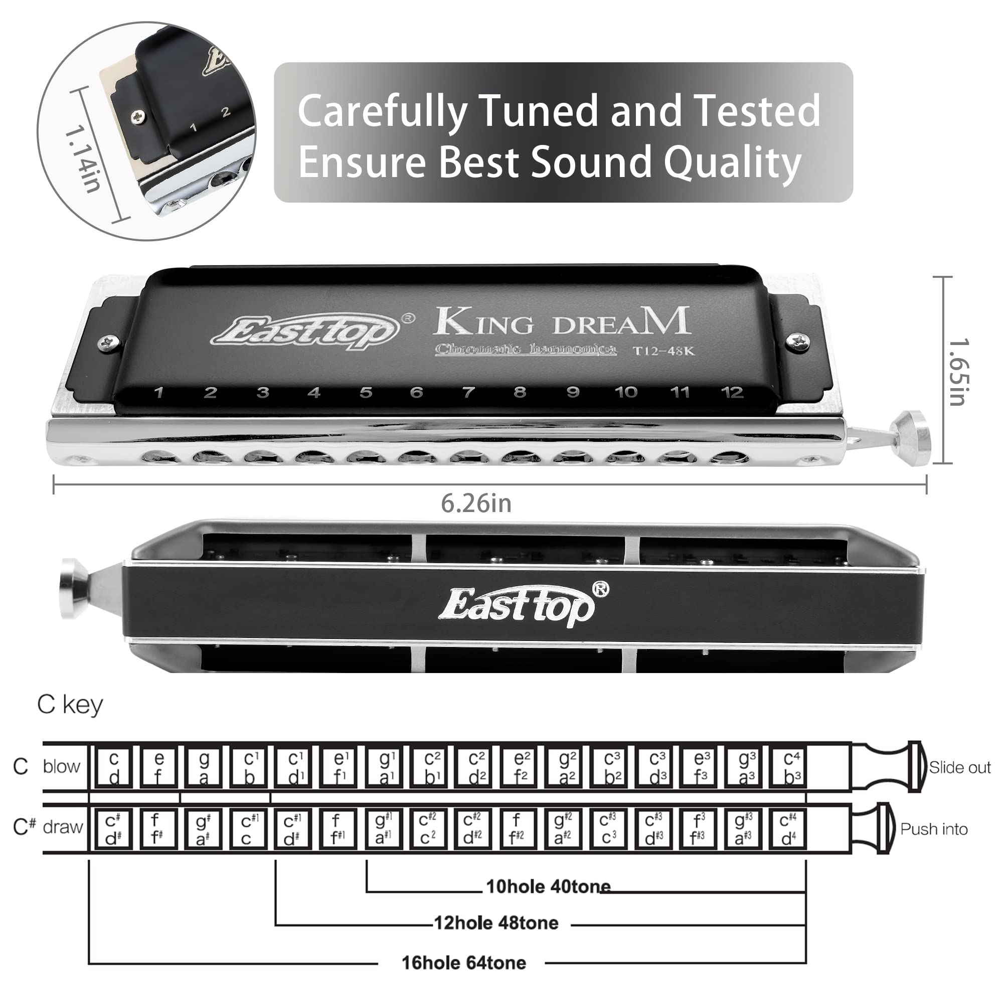 East Top King Dream Chromatic Harmonica Key Of C,12 Holes 48 Tones Professional Mouth Organ Harmonica For Adults, Professionals