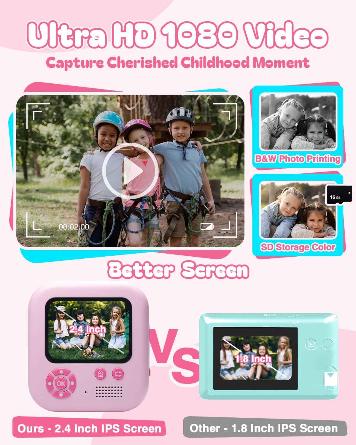 Prizedhome Instant Print Camera For Kids, Polaroid Camera With 16G Sd Card And 1080P Hd Digital Recording Camera,Portable Toy,Bi