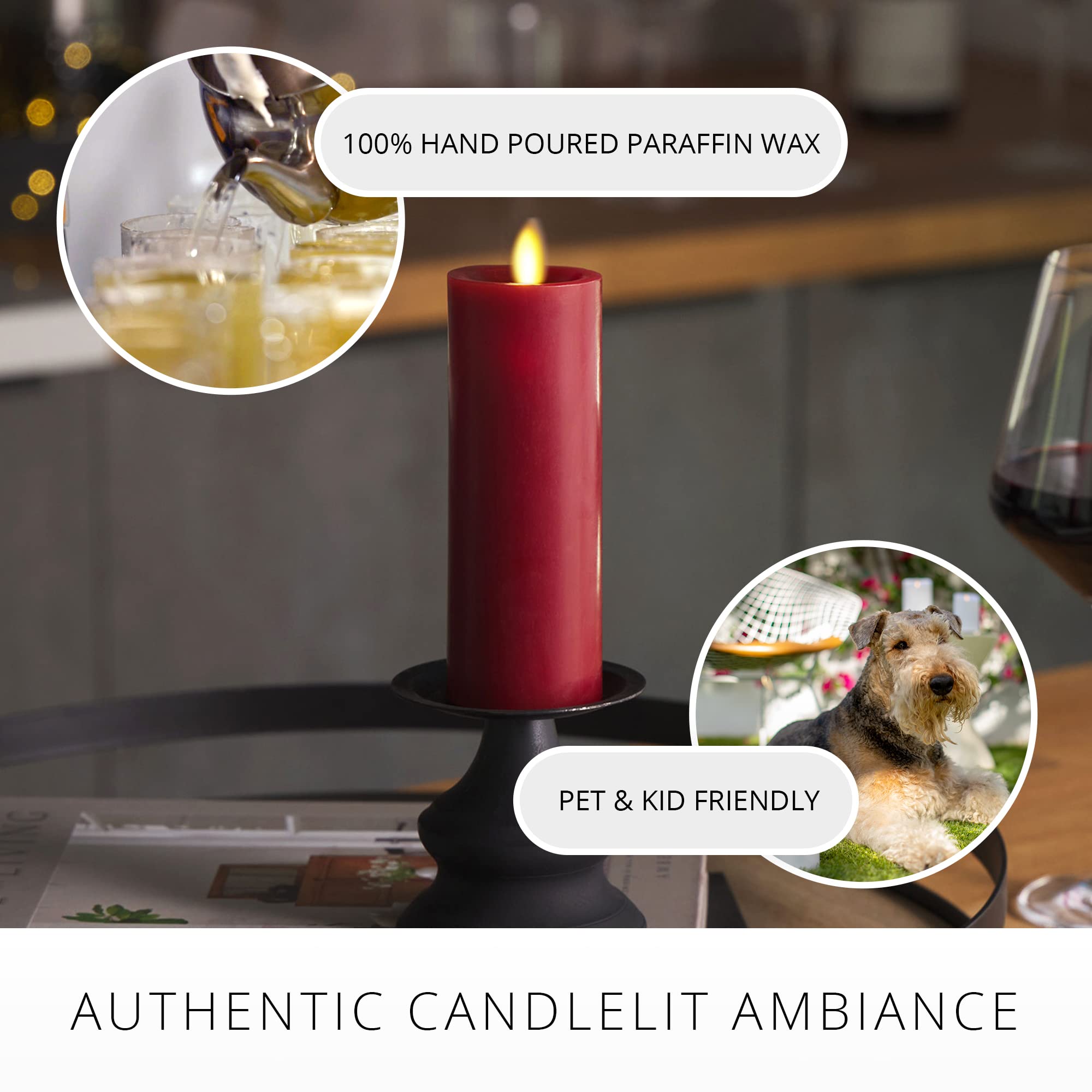 Luminara Flameless Classic Slim Burgundy Pillar Moving Flame Candle  Led Battery Operated Lights   Unscented   Remote Ready (6 I