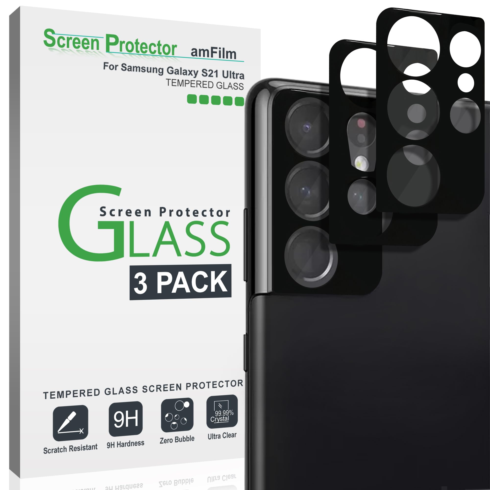 amFilm (3 Pack) Camera Screen Protector for Samsung Galaxy S21 Ultra 5G 6.8 inch, Tempered Glass Camera Lens Protector, NO Flash
