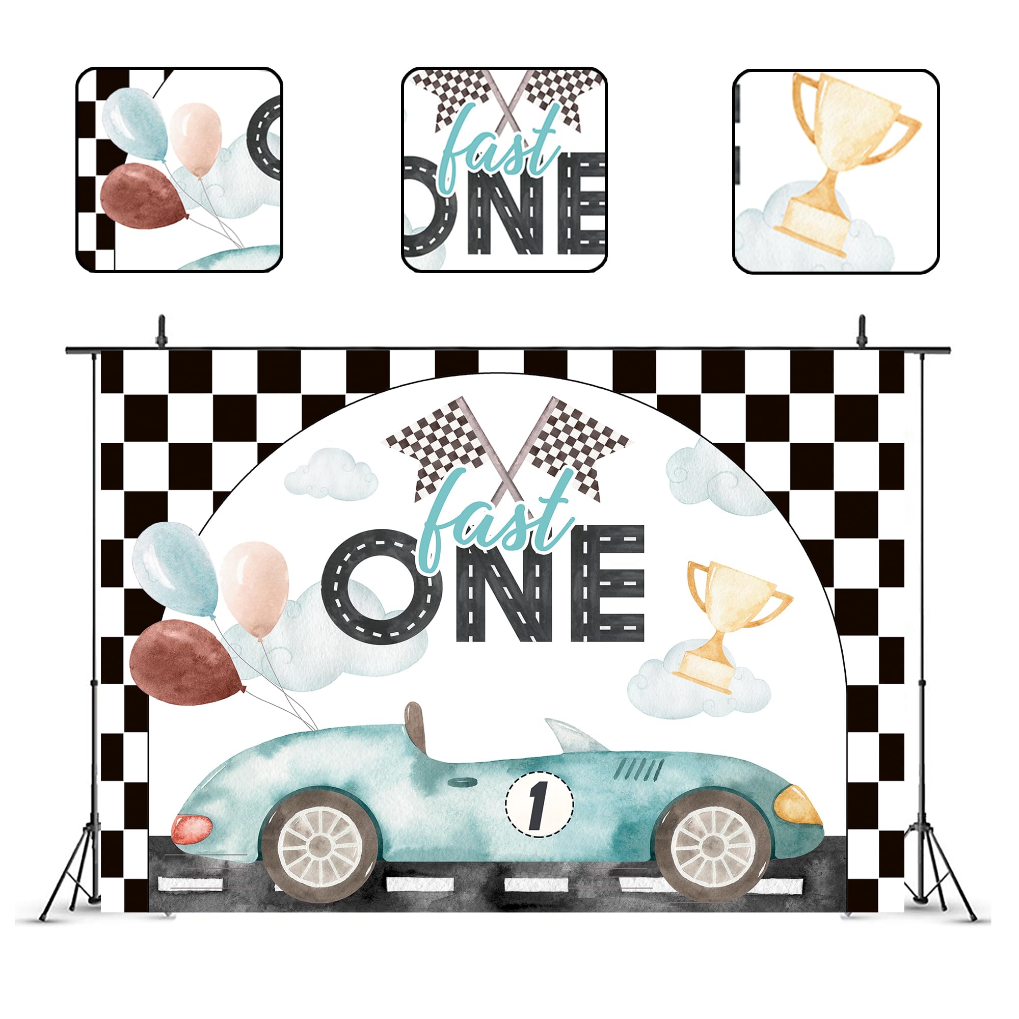 Glawry Fast One 1St Birthday Backdrop For Photography 7Wx5H Feet Racing Car Cartoon Cute Black White Checker Flag Cool For Kids
