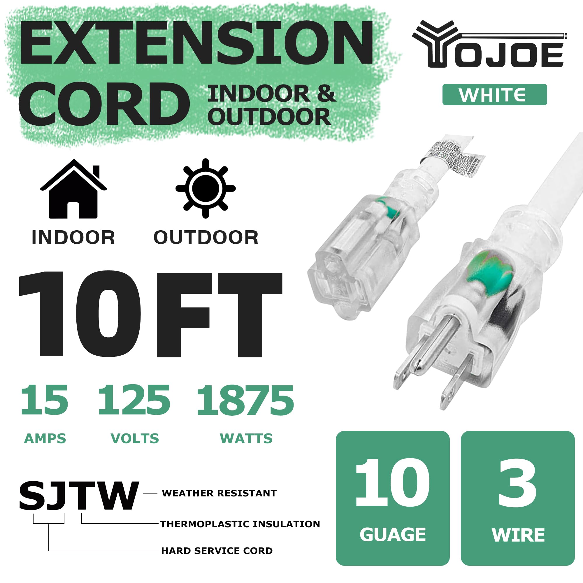 Yojoe Indoor Outdoor Extension Cord With Lighted End, 3 Prong 15A Weatherproof Power Extension Cord, 10 Gauge Heavy Duty 10 Ft W