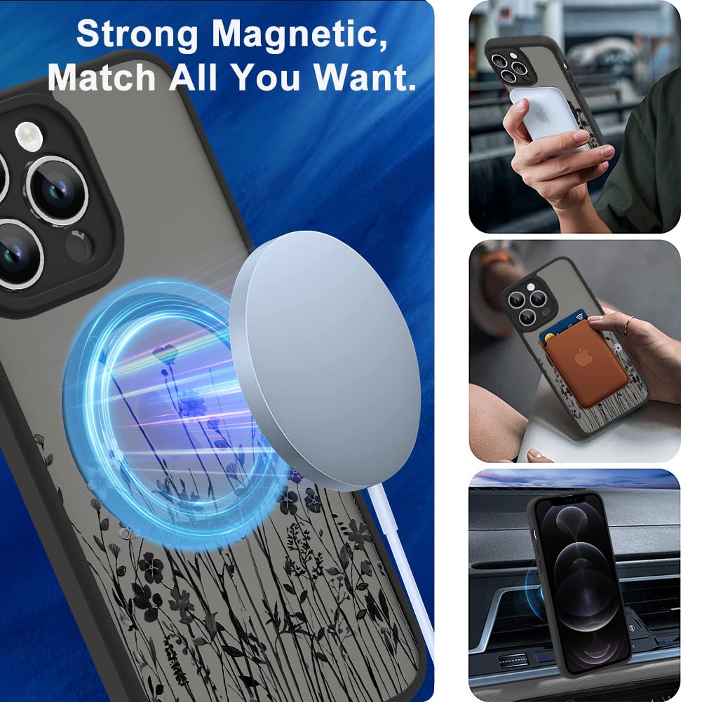 Ook Magnetic For Iphone 12 Pro Case [Compatible With Magsafe] Black Wild Flower Slim Translucent Matte Case For Iphone 12 Pro Ca
