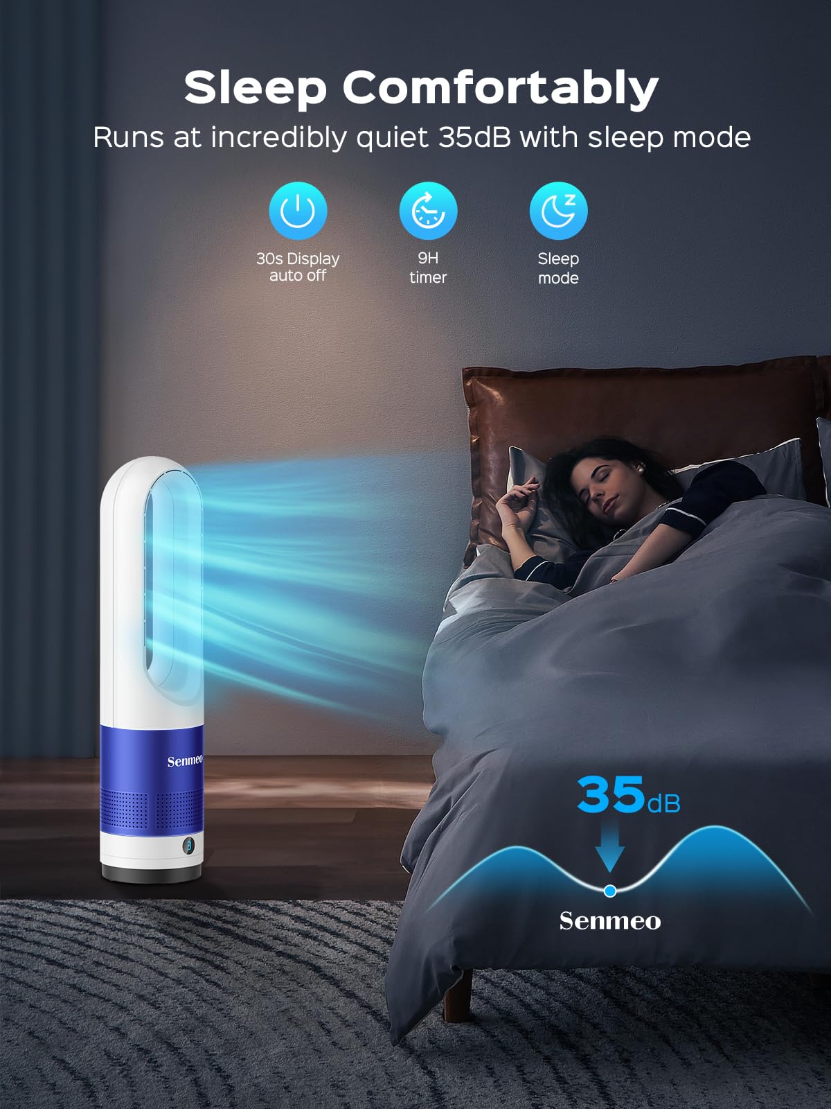 Senmeo Bladeless Fan For Bedroom, 22'' Quiet Tower Fan With Remote, 90 Oscillating Fan For Indoors With 8 Speeds, 9H Timer, Led