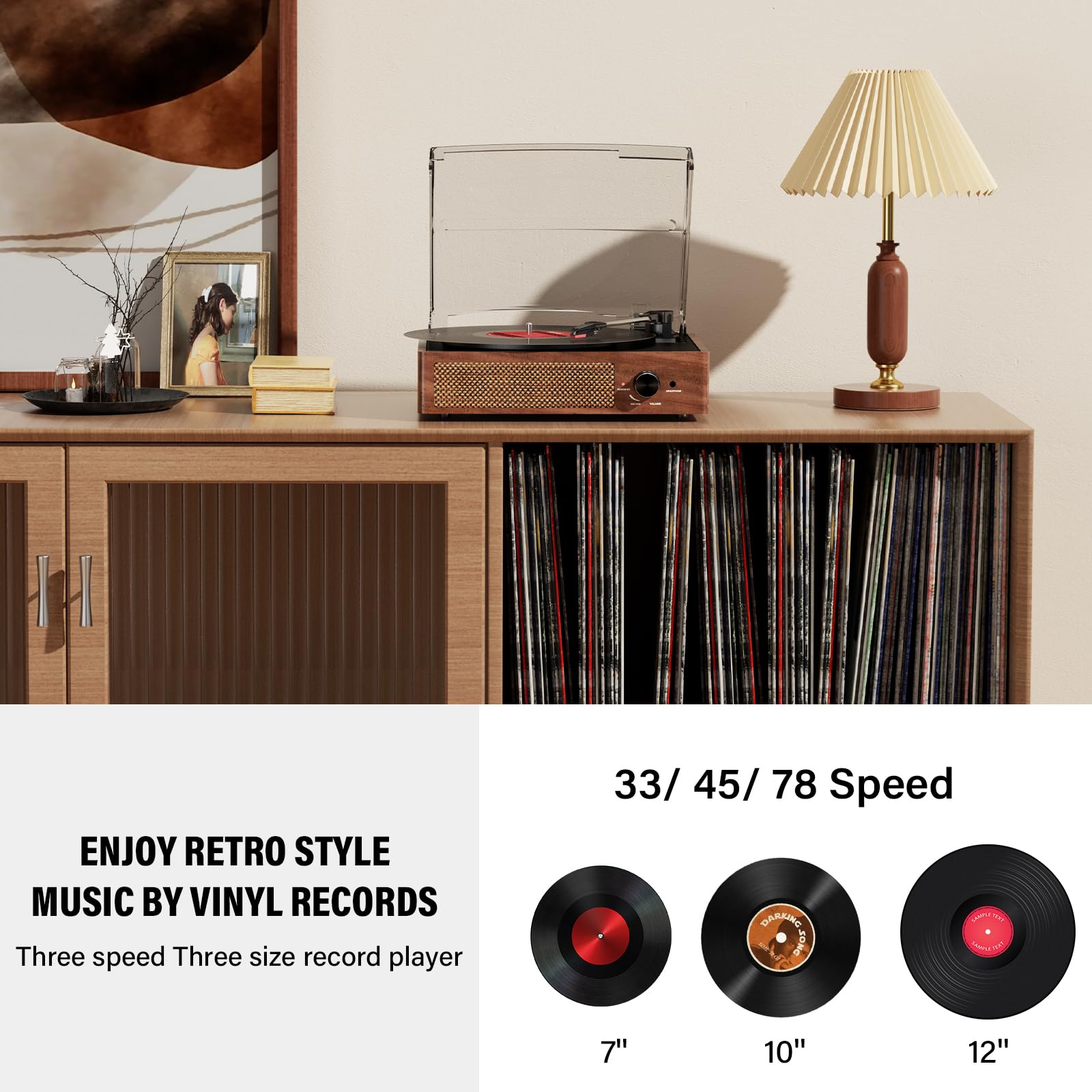 Vinyl Record Player Turntable With Built In Bluetooth Receiver & 2 Stereo Speakers, 3 Speed 3 Size Portable Retro Record Player