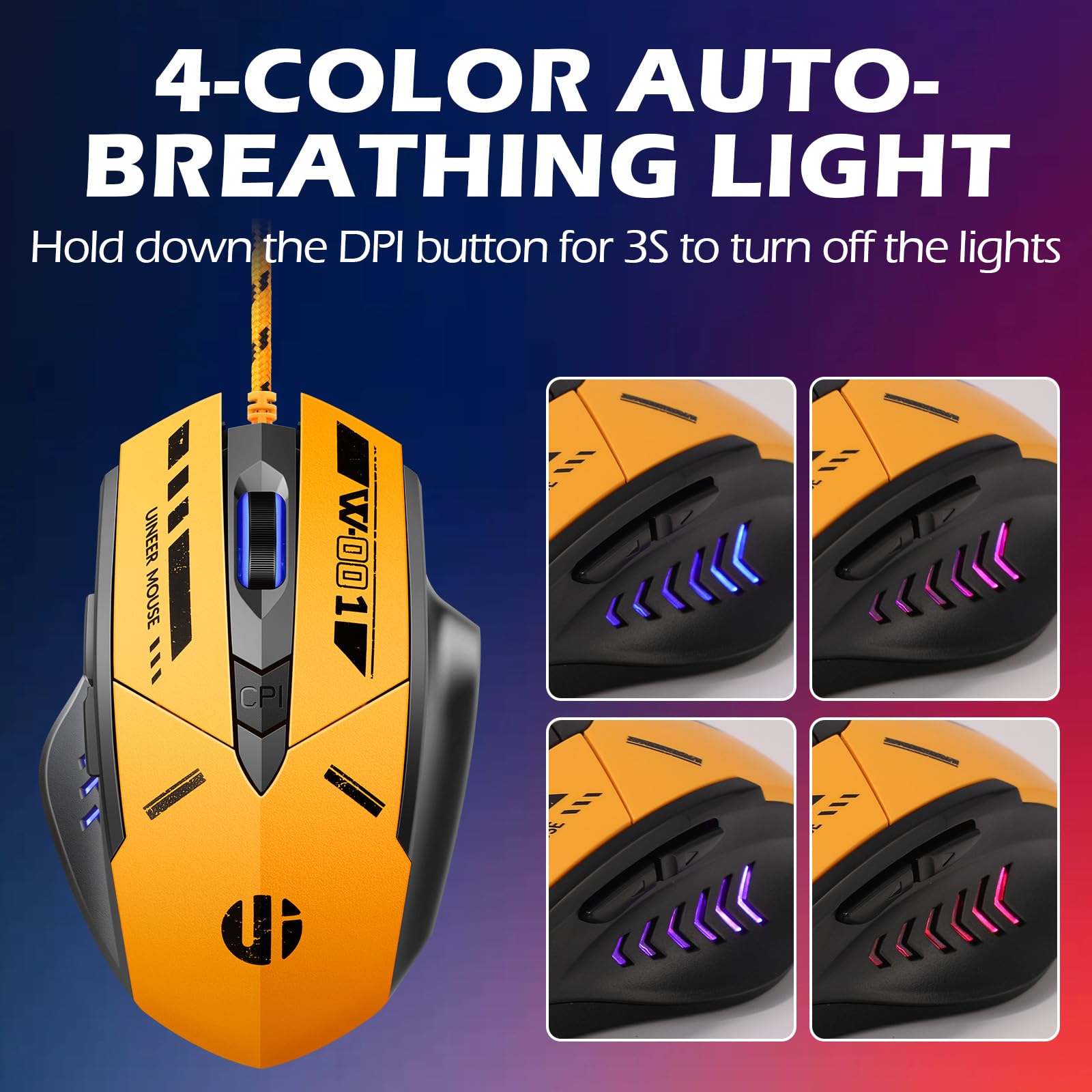 Uineer Wired Mouse Gaming, 4 Adjustable Dpi Levels, 6 Programmable Buttons, 4 Colour Auto Breathing Light, 1.5M Usb Cable   Plug