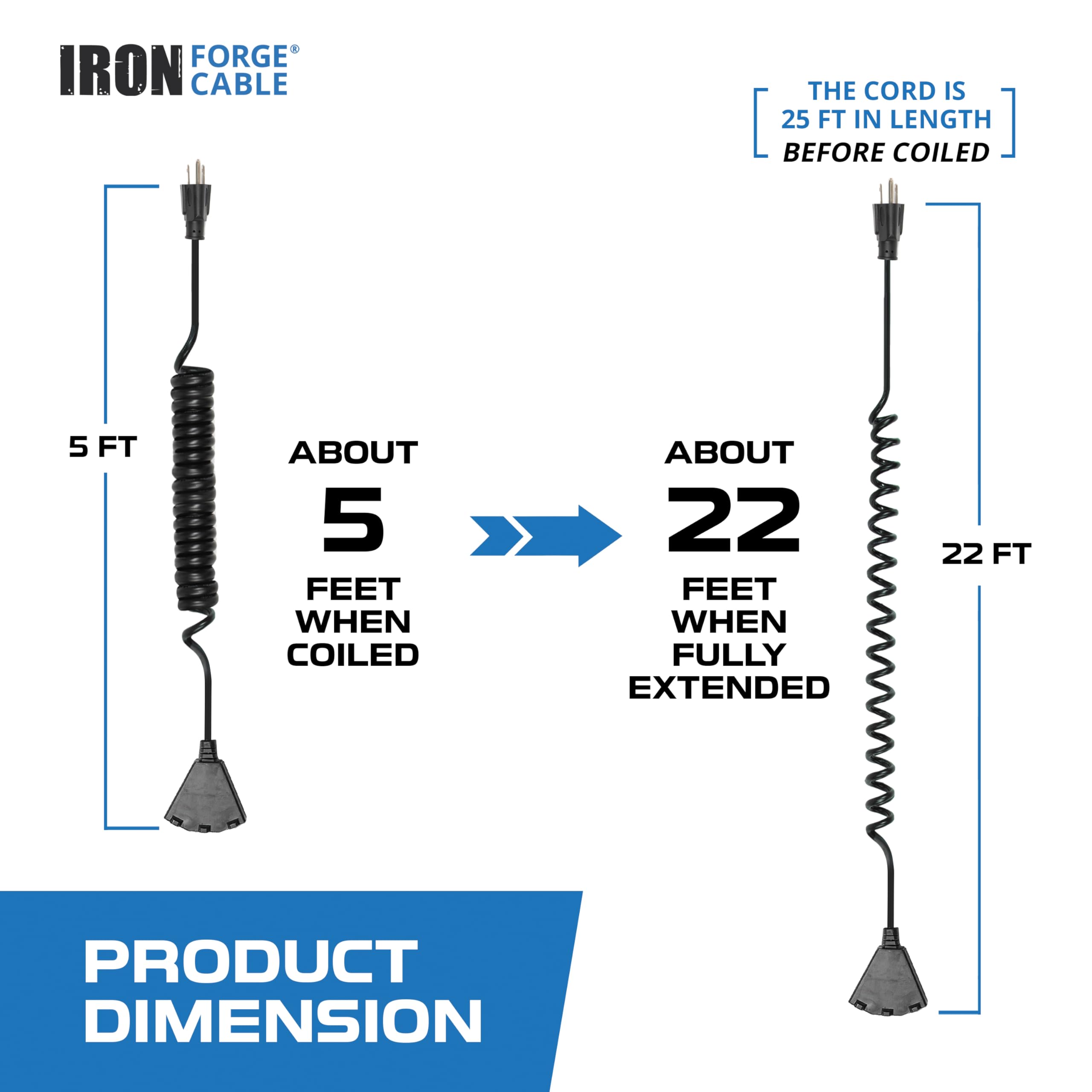 Iron Forge Cable 3 Outlet Black Outdoor Coiled Extension Cord 25 Ft, 16/3 Sjeow Oil Resistant & Flame Retardant Power Cord 13 Am