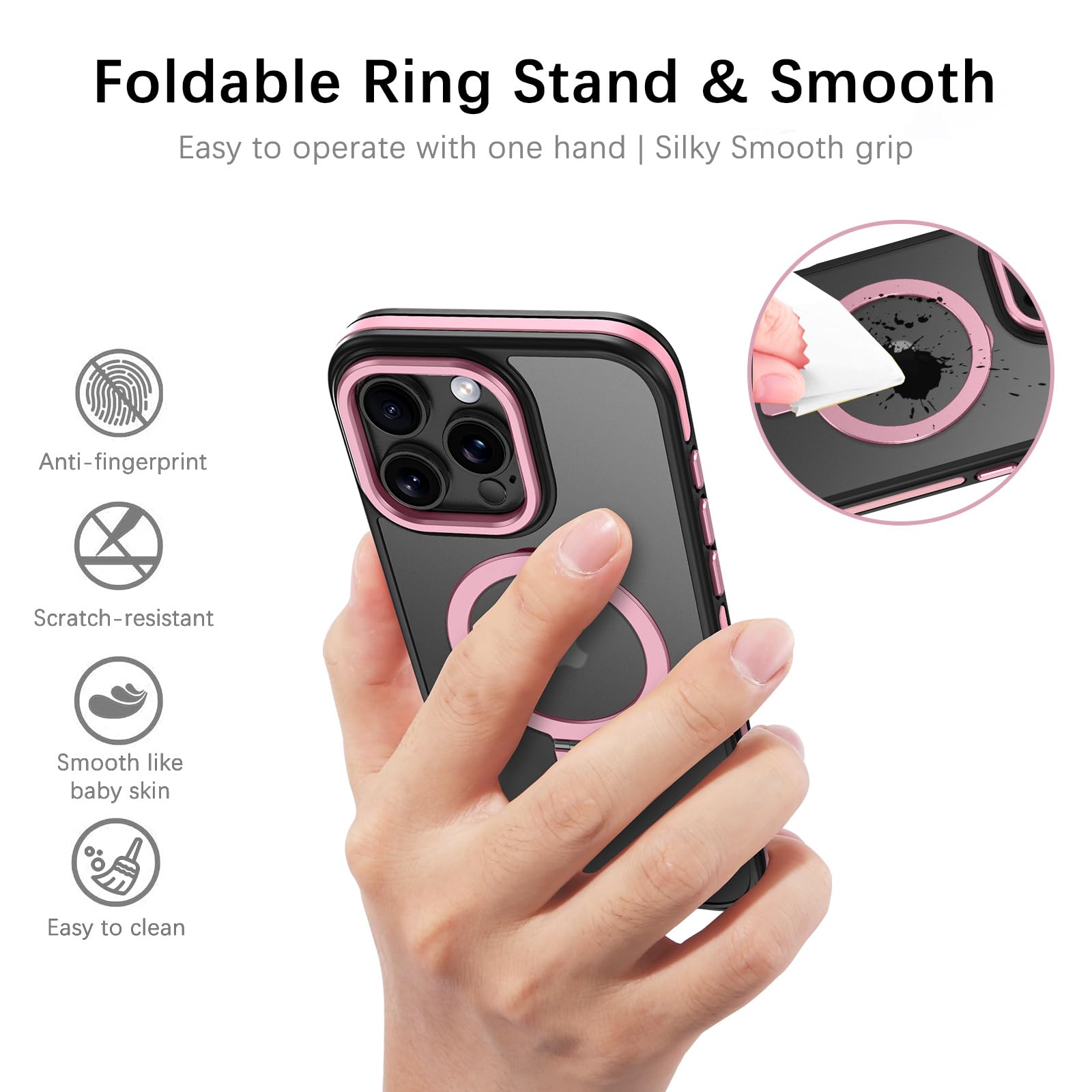 Veningo Iphone 16 Pro Max Case, Magnetic Slim Fit Magsafe Translucent Matte Car Mount Supported Foldable Ring Holder Kickstand S