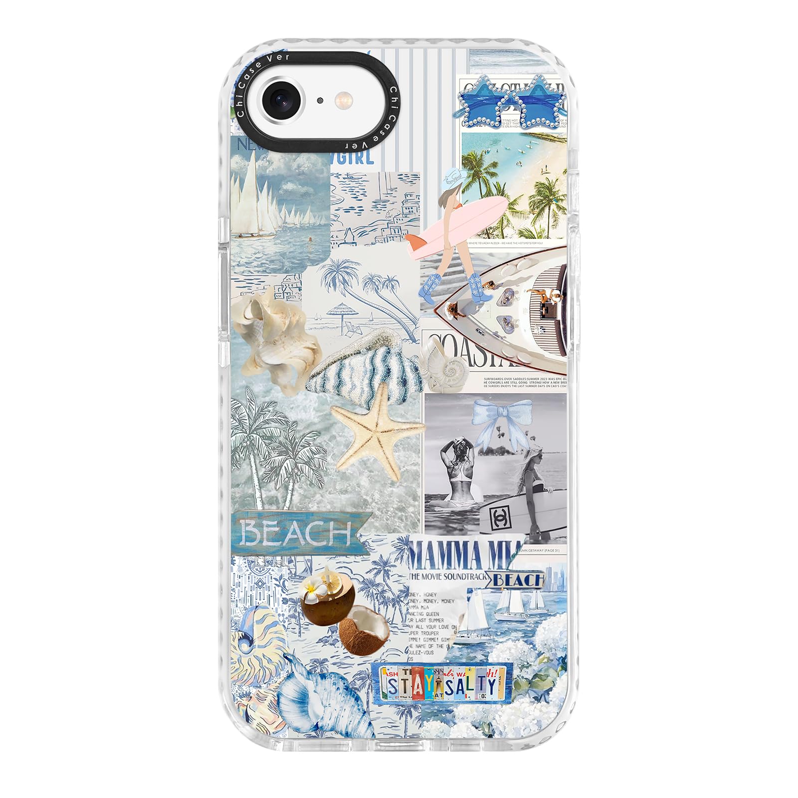 ChiCaseVer for iPhone 7/8/SE Case, Nostalgic Beach Collage with Surfboard & Stay Salty, Military-Grade Drop Protection, Coastal 