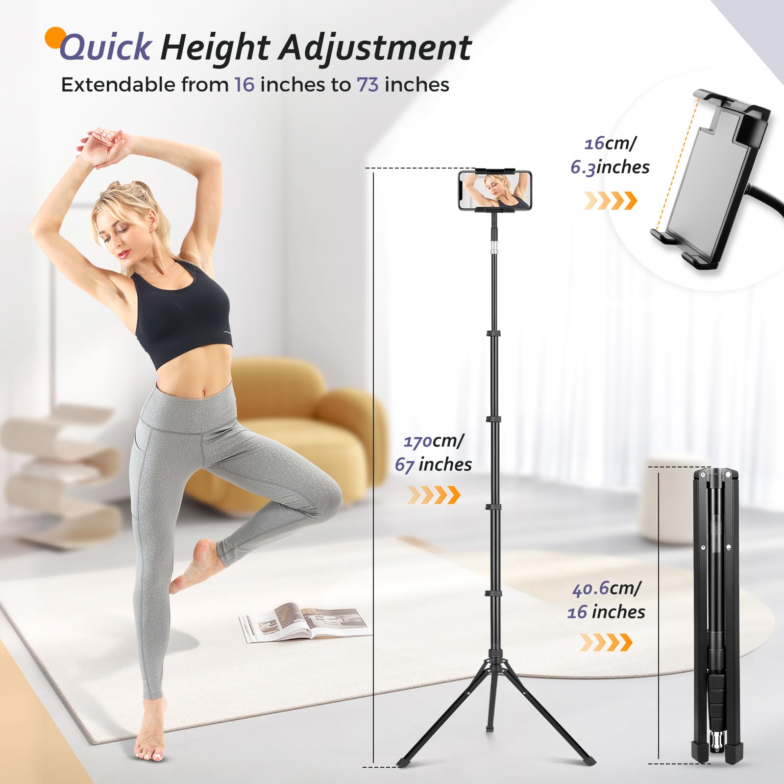 Aureday Stand Floor, 67    Height Adjustable Tripod Stand, Tablet Stand With Extendable Holder For Ipad Mini/ Air/ Pro, Kindle,