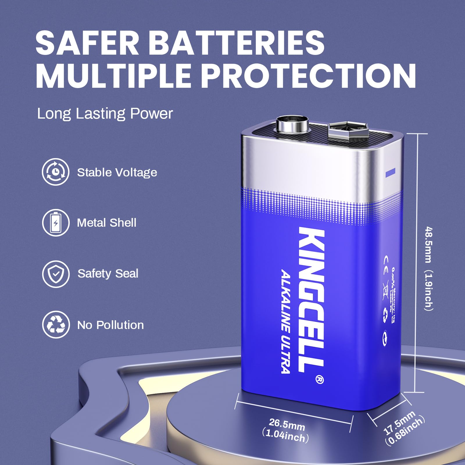 Kingcell 9V Batteries 4 Pack, Alkaline Hight Performance 9 Volt Battery With 10-Year Shelf Life,Long-Lasting Power 9V Battery Fo