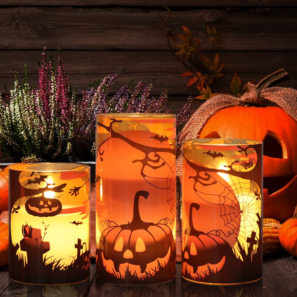Eldnacele Halloween Flickering Candles With Pumpkin, Spider Web Decals, Orange Glass Battery Operated Flameless Led Candles With