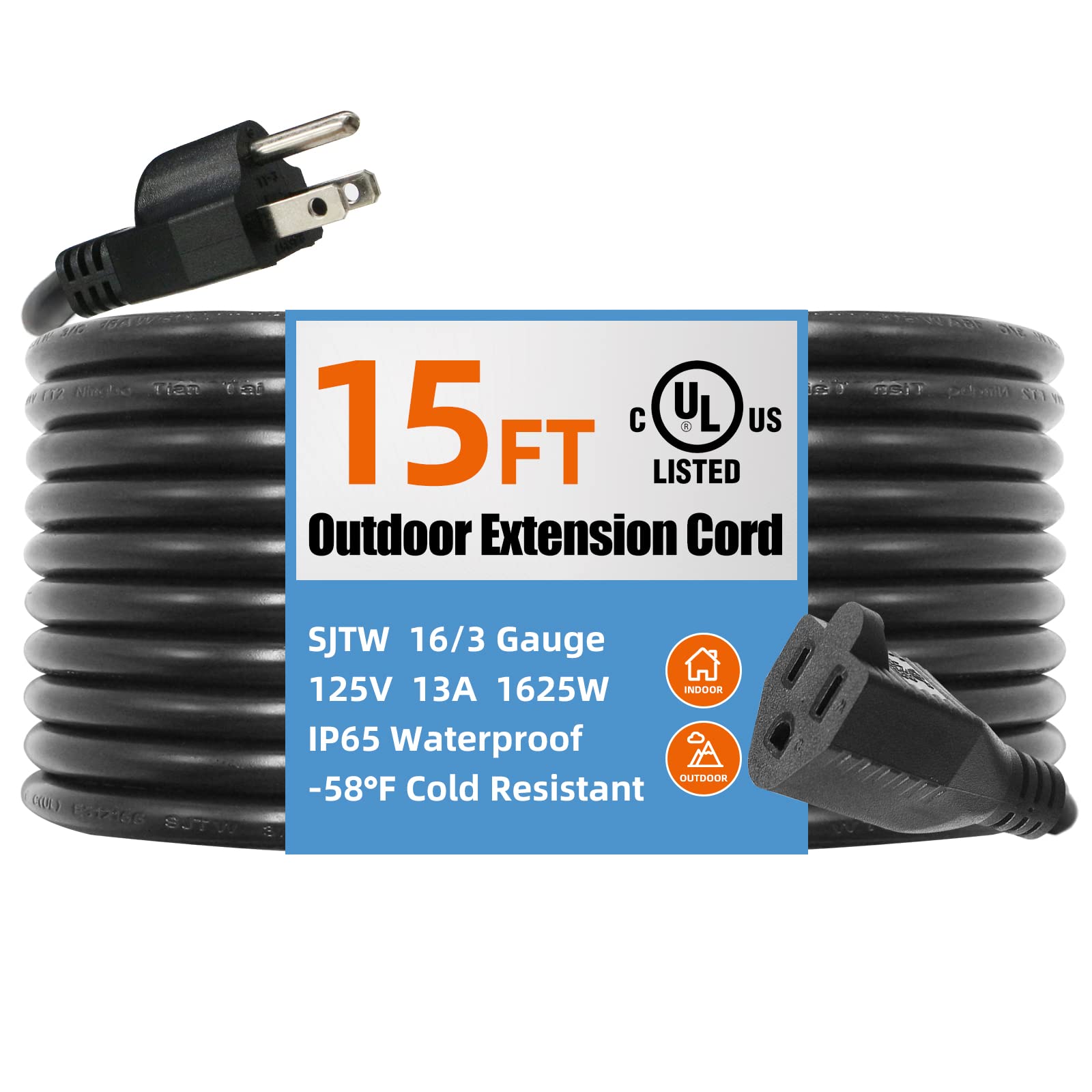 Ul Listed Outdoor Extension Cord 3 Prong 15 Ft Sjtw 16/3 Gauge 13A 125V 1625W, Black Outdoor Extension Cord Waterproof, Flame & 