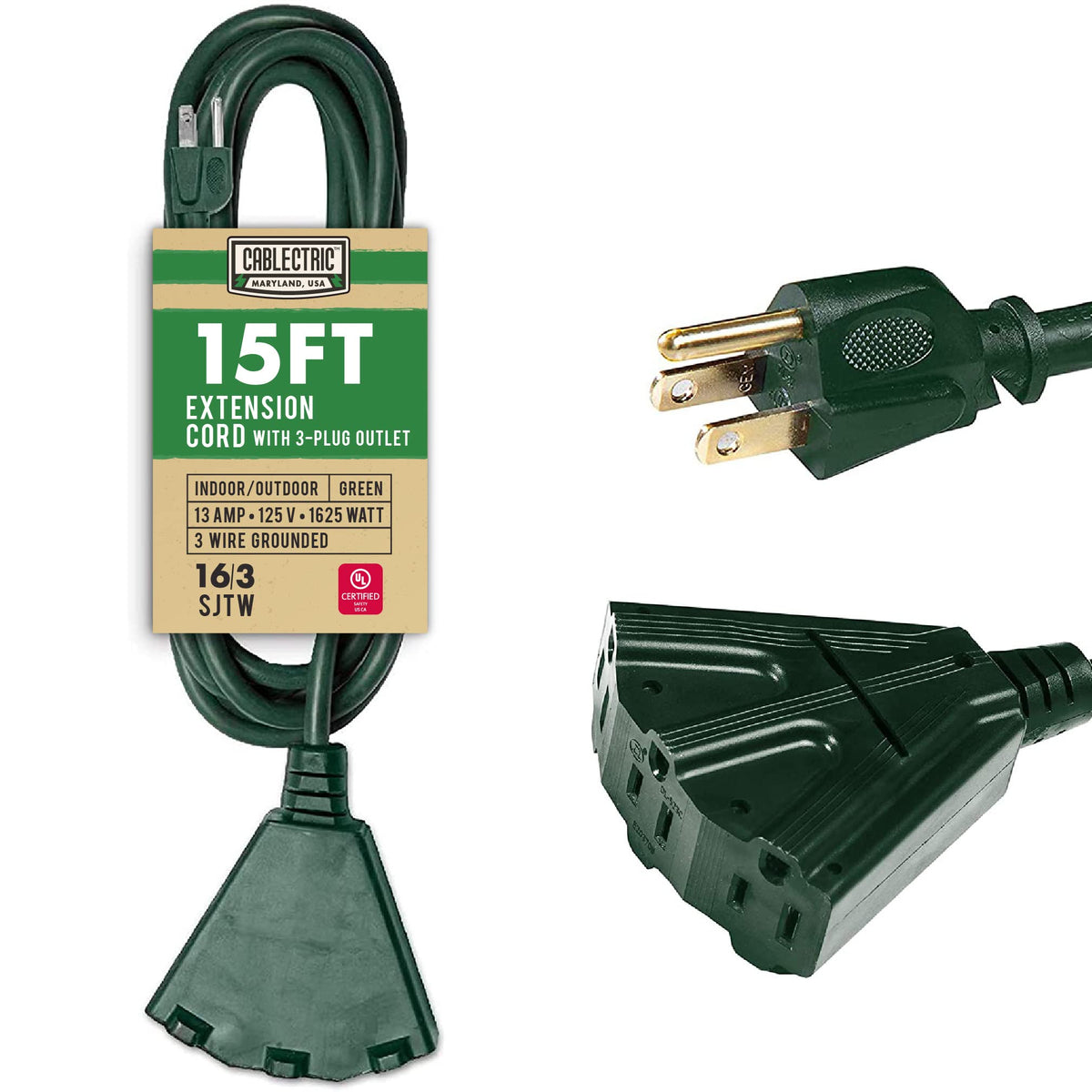 Cablectric Outdoor Extension Cord 15 Ft With 3 Prong, 16/3 Sjtw Weatherproof Green Extension Cord 15 Foot, 13 Amp Outside Power