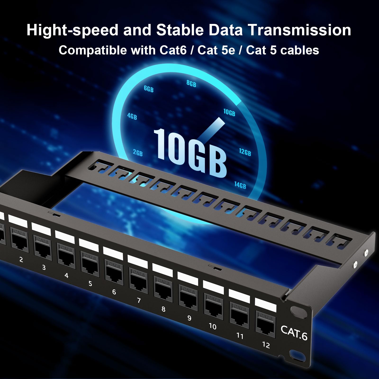Iwillink 10Gbps Patch Panel 12 Port, 10 Inch Through Coupler Rj45 Cat6 Patch Panel With Back Bar, Wallmount Or Rackmount, Compat