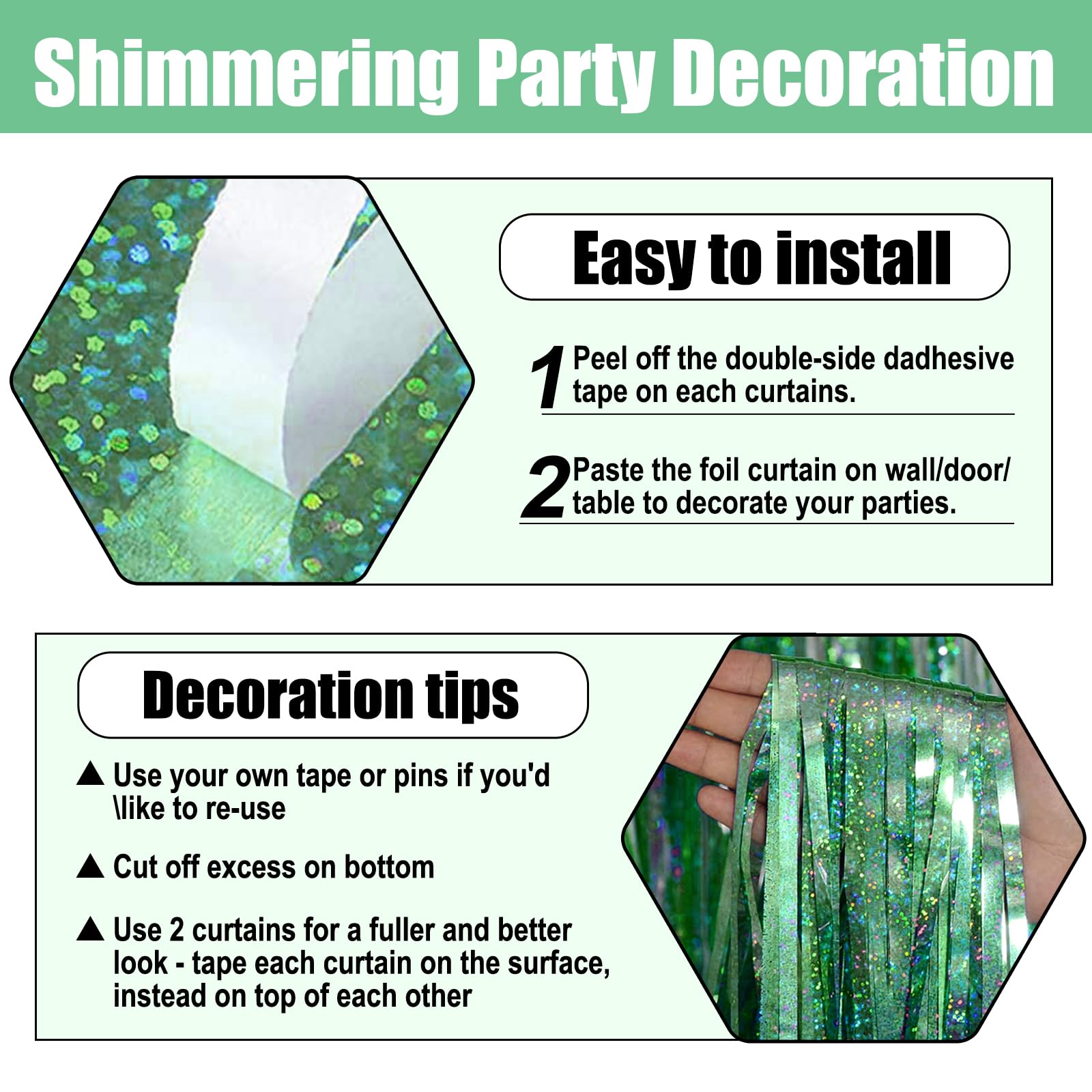 3 Pack Light Green Foil Fringe Curtain Backdrop, 3.28Ft X 8.2Ft Metallic Tinsel Foil Fringe Streamer Curtains For Photo Booth, V