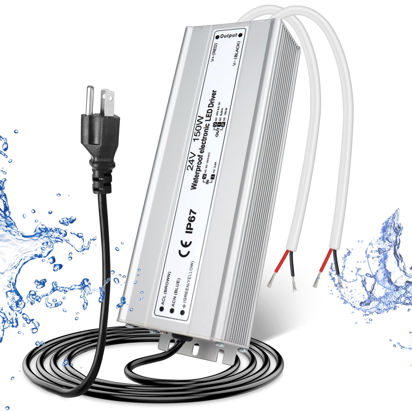 24V 150W Led Power Supply, Waterproof Ip67 Led Driver, Ac 110V To Dc 24 Volt Low Voltage Transformer With 3 Prong Plug 3.3 Feet