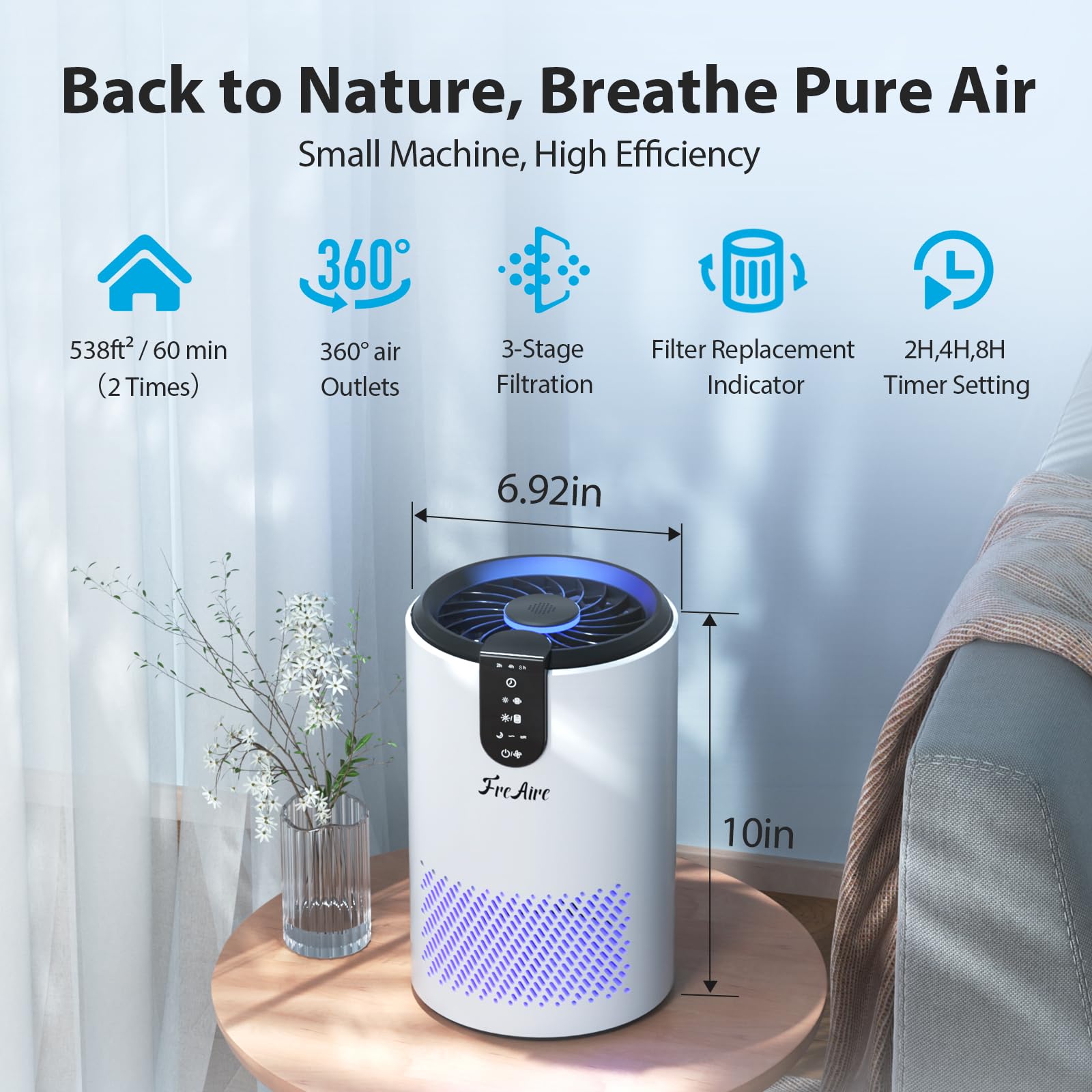 Freaire Air Purifiers For Home, Air Purifier For Bedroom Up To 538 Ft/H, Room Air Purifier With 3 In 1 Filter For Dust Dander Od