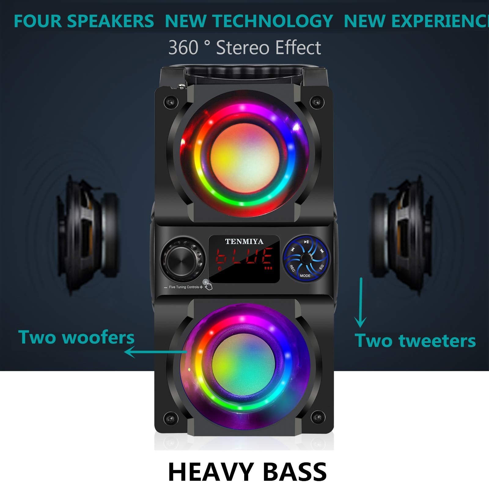 Bluetooth Speaker, 40W (60W Peak) Portable Wireless Speaker With Colorful Lights, Double Subwoofer Heavy Bass, Fm Radio, Mp3 Pla