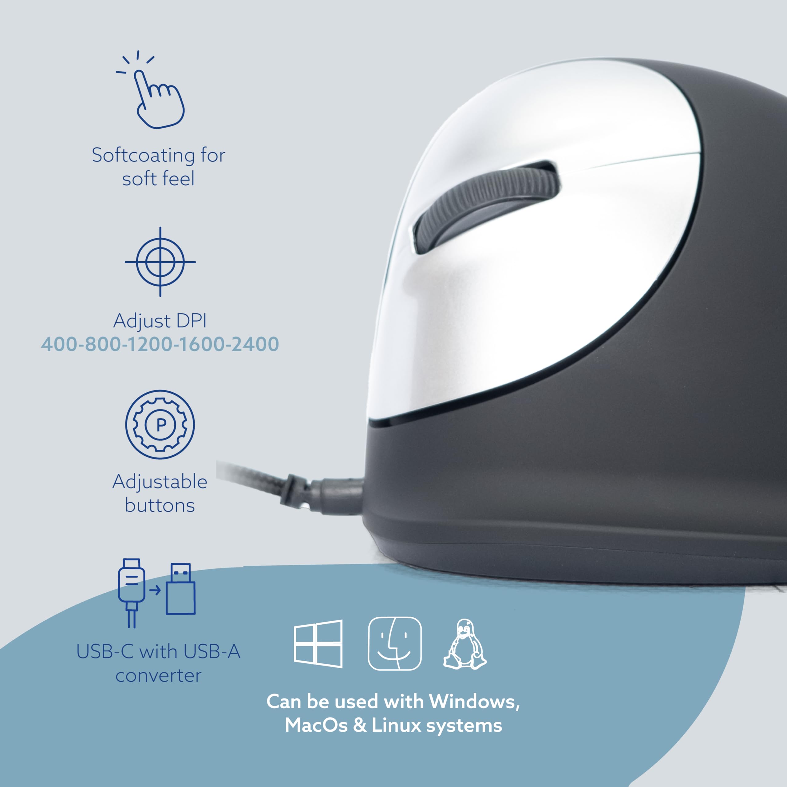 R Go He Vertical Ergonomic Mouse, Left Hand, Break Software, Wired, Prevents Tennis Elbow/Mouse Arm Rsi, Silent Click, 5 Buttons