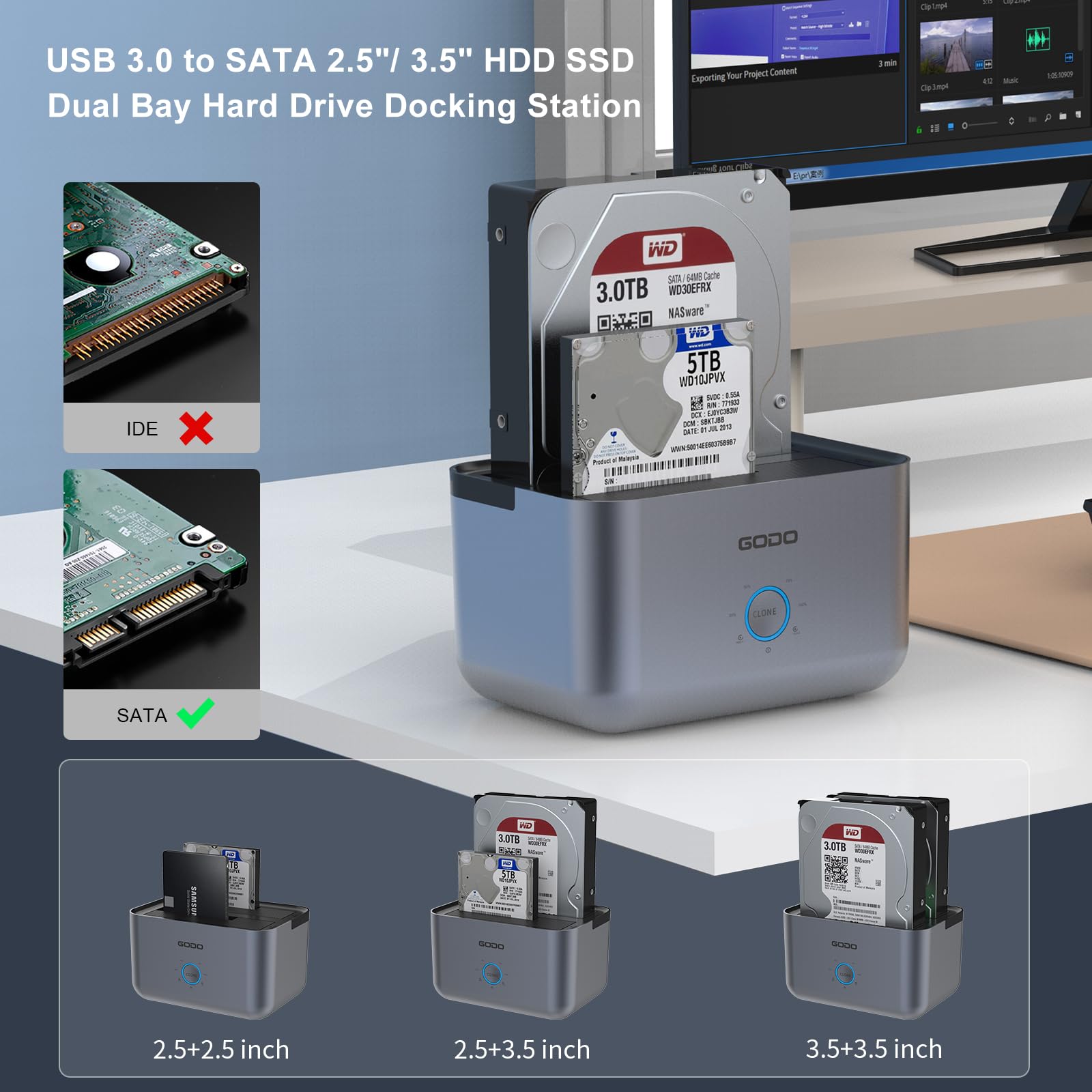 Godo Hard Drive Docking Station To Usb 3.0 Type C ,Dual Bay Hard Drive Dock For Sata 2.5 / 3.5 Inch Hdds/Ssds With Led Indicator