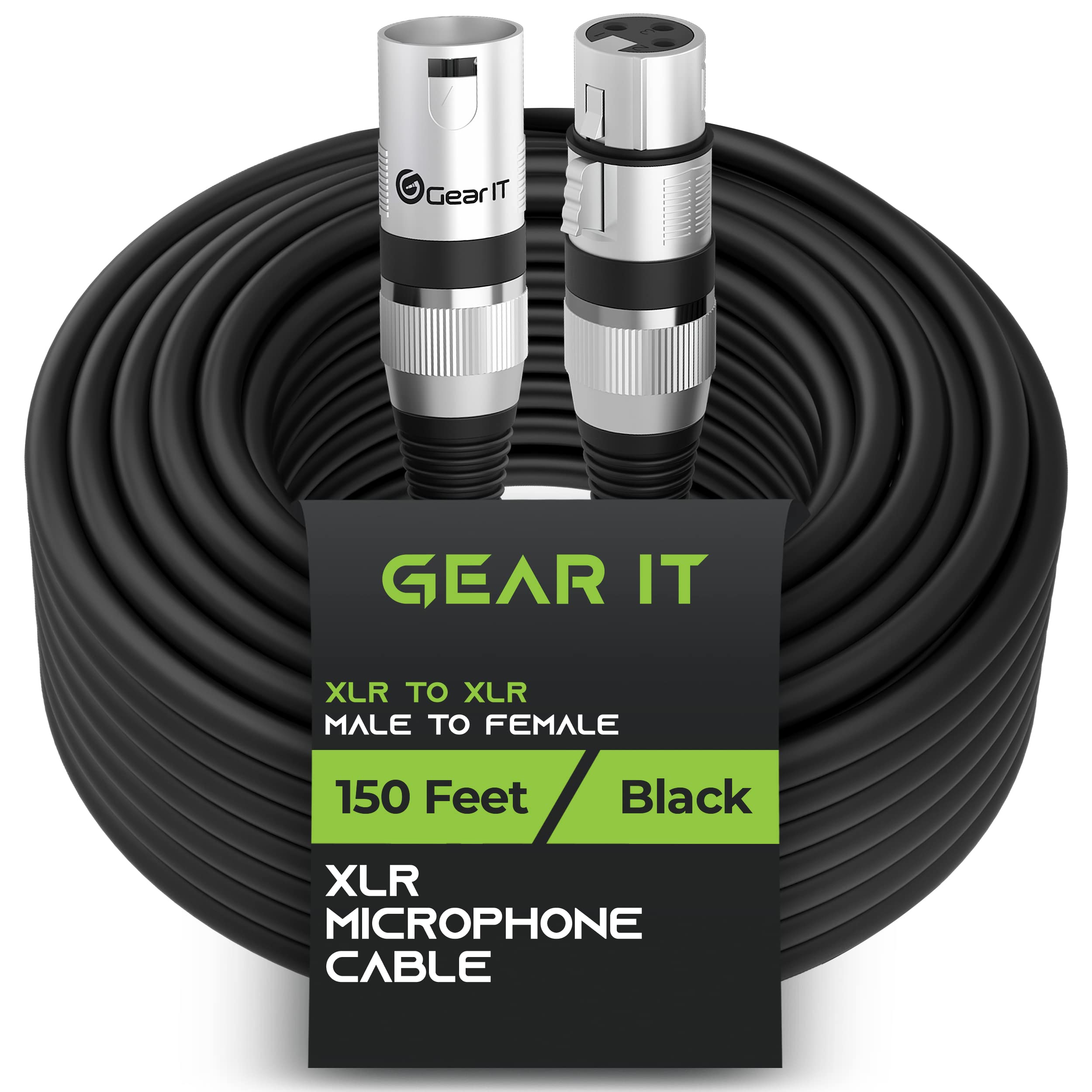 GEARit XLR Male to Female Microphone Cable (150 Feet, 1 Pack) 3-Pin Balanced Shielded Mixer, Recording Studio, Podcast - Black
