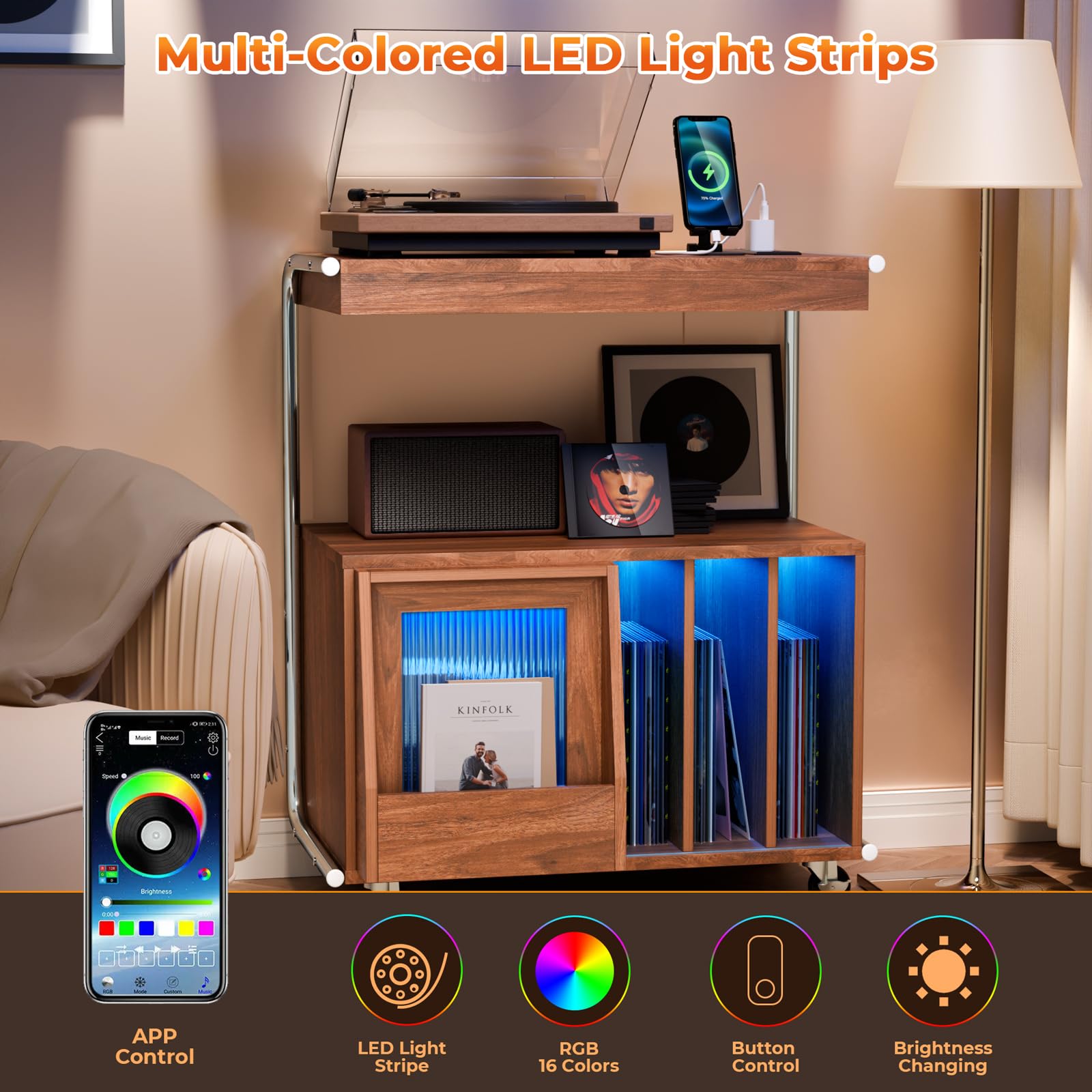 Large Record Player Stand With Sliding Door And Wheels,200 Vinyl Record Storage Cabinet, Record Player Table With Power Outlet &