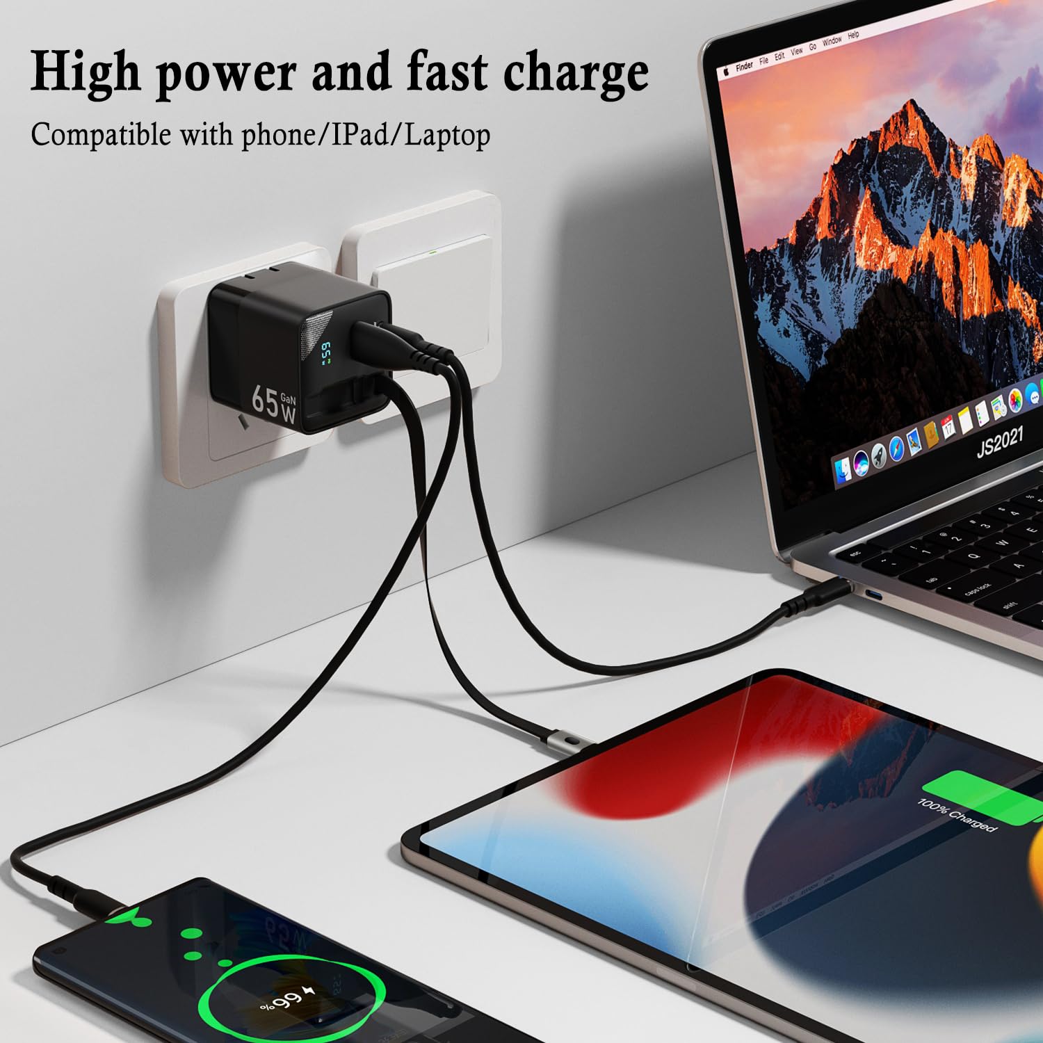 65W Usb C Charger, 3 In 1 Gan Retractable Wall Charger Plug Pd Pps Type C Cable And Dual Port, Travel Portable Fast Charging Blo