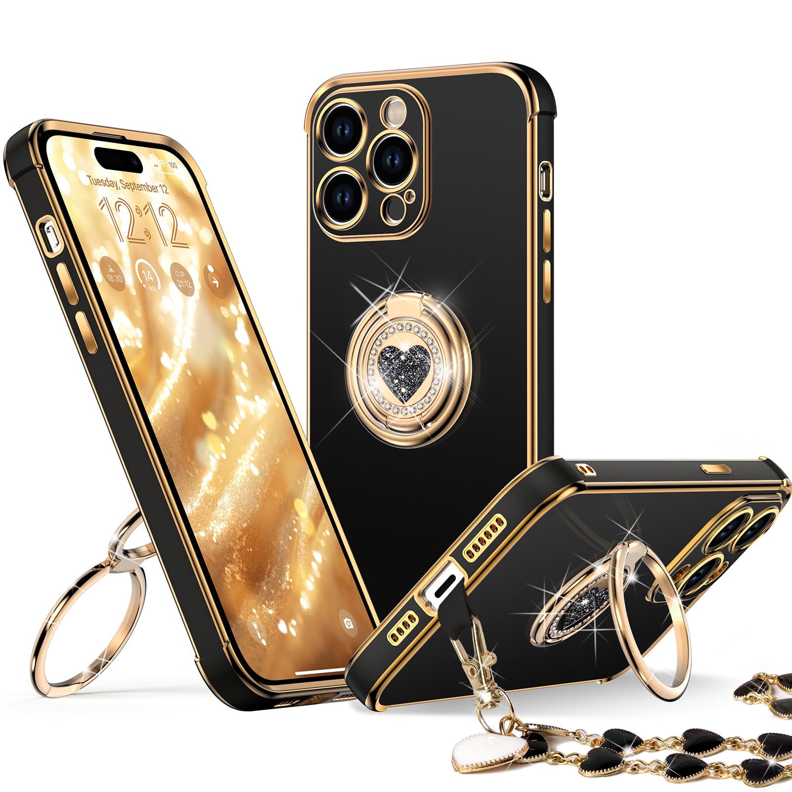 Xyz For Iphone 15 Pro Case With Stand, Phone Case With Double Ring Kickstand, Women Girls Bling Luxury Case Heart For Iphone 15