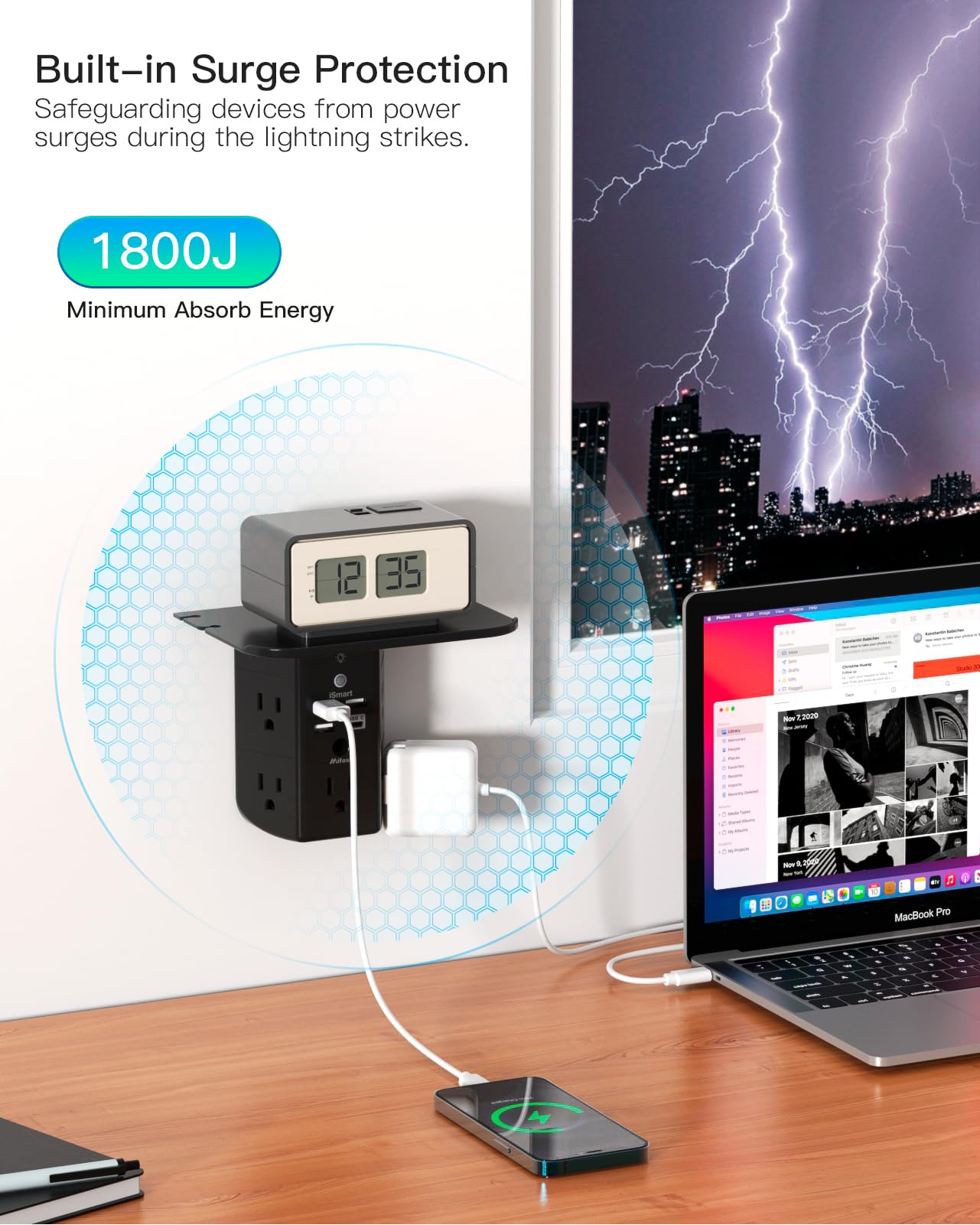 Wall Outlet Extender With Shelf And Night Light,Surge Protector,Usb Wall Charger With 5 Usb Outlets And 3 Usb Ports 1 Usb C Outl