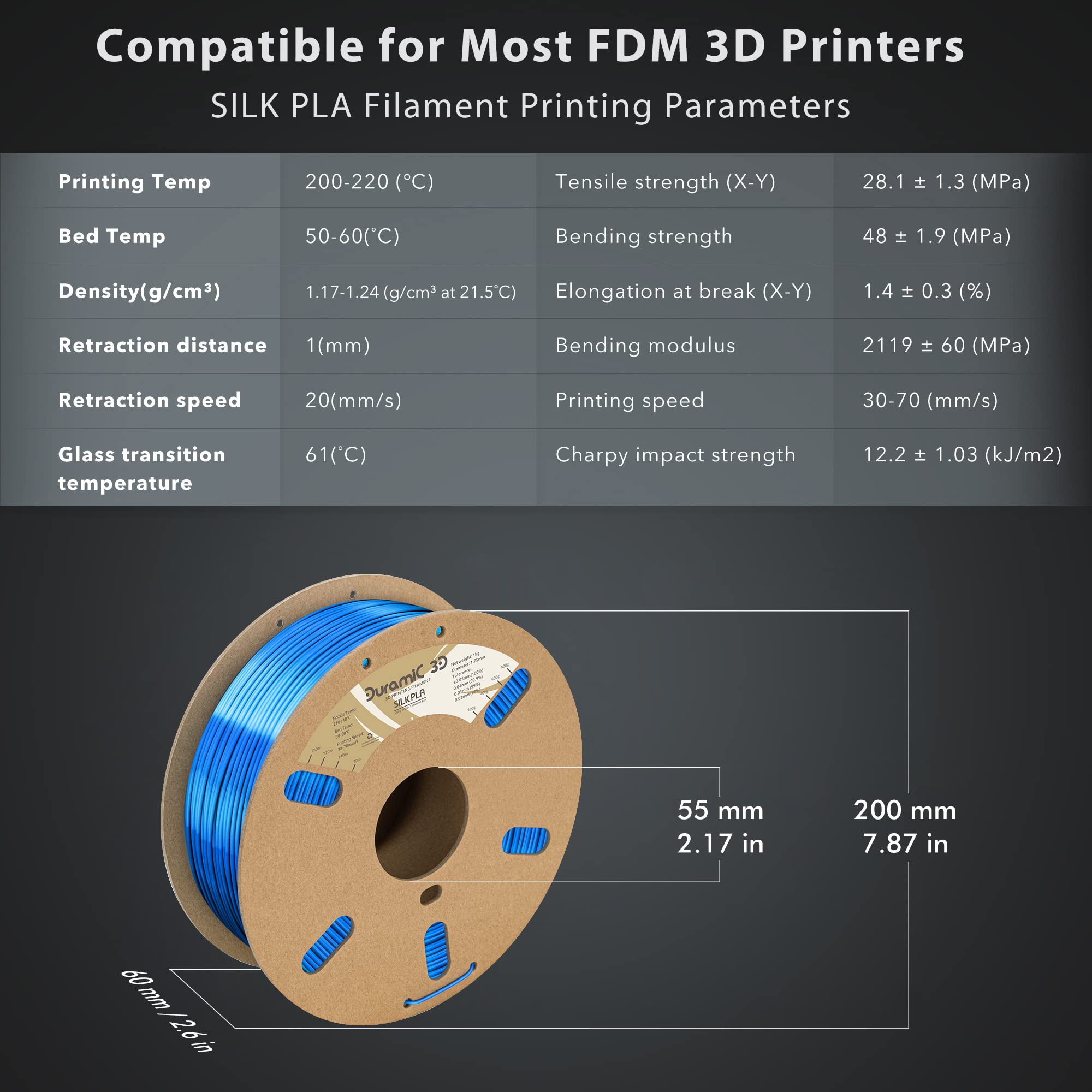 Duramic 3D Shiny Silk Pla Filament 1.75Mm Blue, Shiny Blue Pla Filament Dimensional Accuracy +/- 0.05 Mm 1Kg Spool(2.2 Lbs)