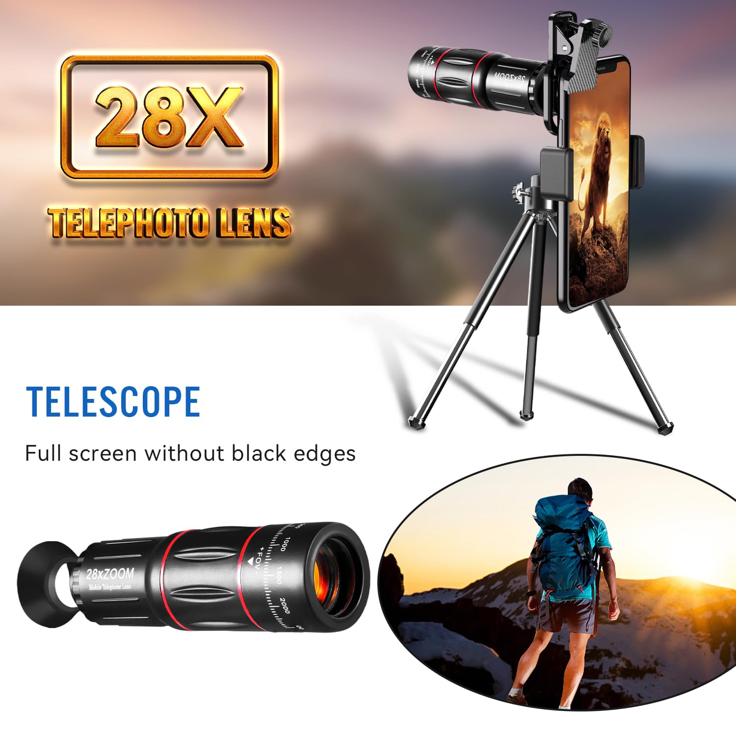 Hytamy Phone Camera Lens Kit, 4-In-1 Set Upgraded External Camera, Telephoto 28X, Wide Angle 0.6X, Macro 20X, Fisheye 198, Suita