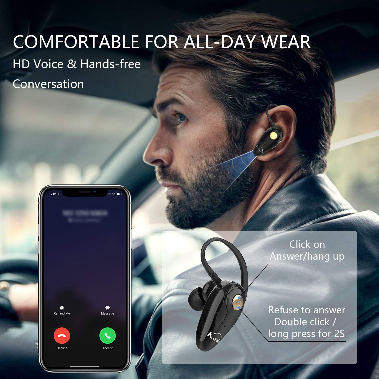 Kendir Bluetooth Headset, V5.0 Ultralight Wireless Headphone Cell Phone Earpiece With Mic Headsetcase,Volume Control, Handsfree