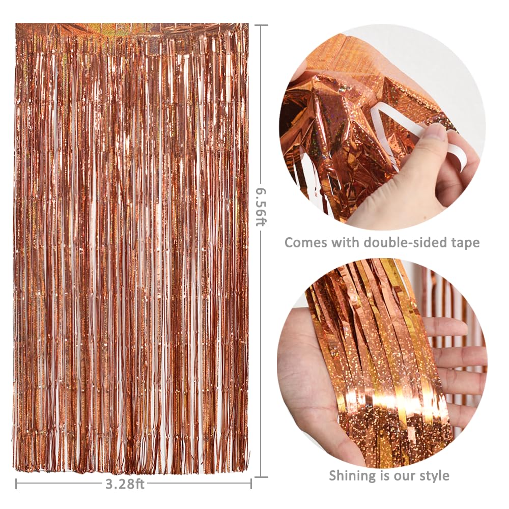 Toniful 3Pcs Laser Rose Gold Door Streamers,Laser Rose Gold Photo Booth Backdrop Metallic Streamers Foil Fringe Curtains For Bir